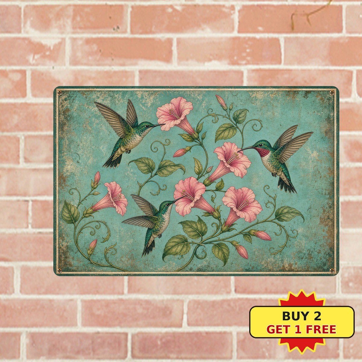 Charming Hummingbird Black Silhouette Nature Inspired Metal Tin Sign