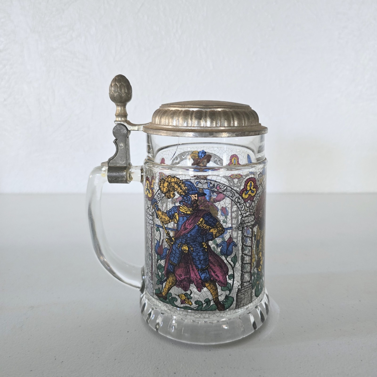 Made in W. Germany Glass Beer Stein w/ Pewter-Style Hinged Lid, Figural