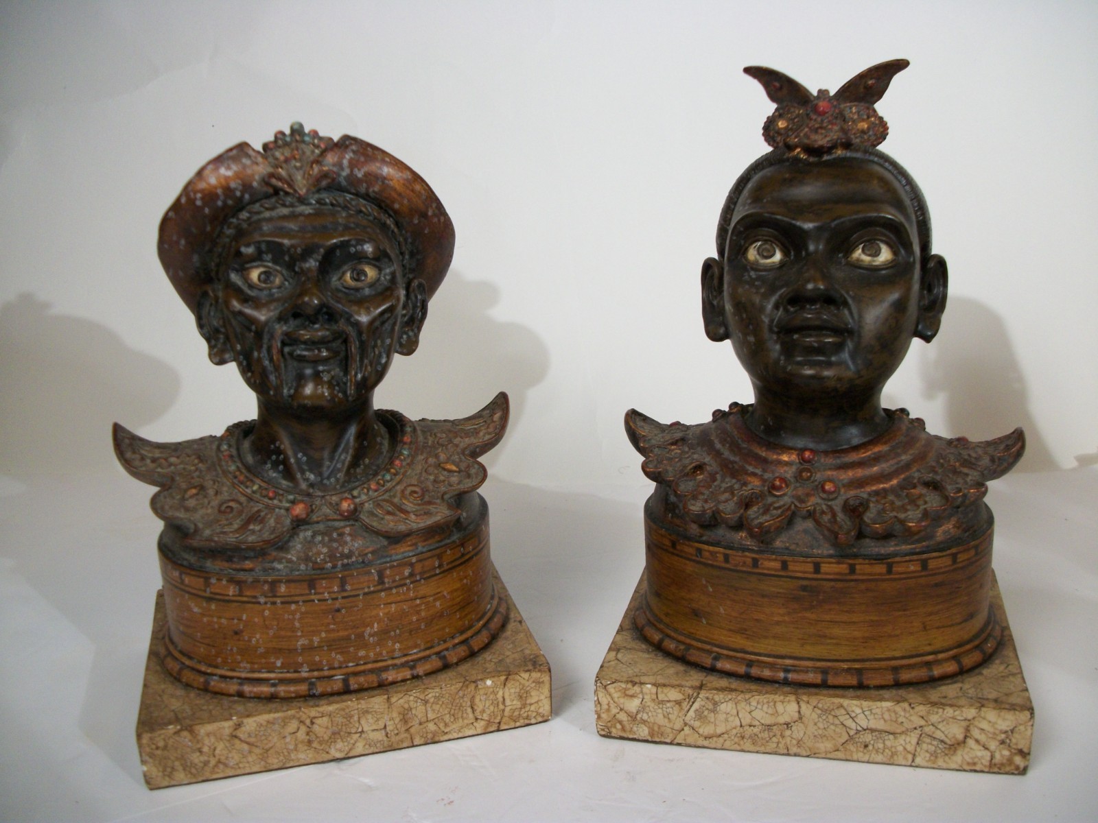 2) Antique Chinoiserie-style Mandarin and Queen jeweled glass eyed Sculptures
