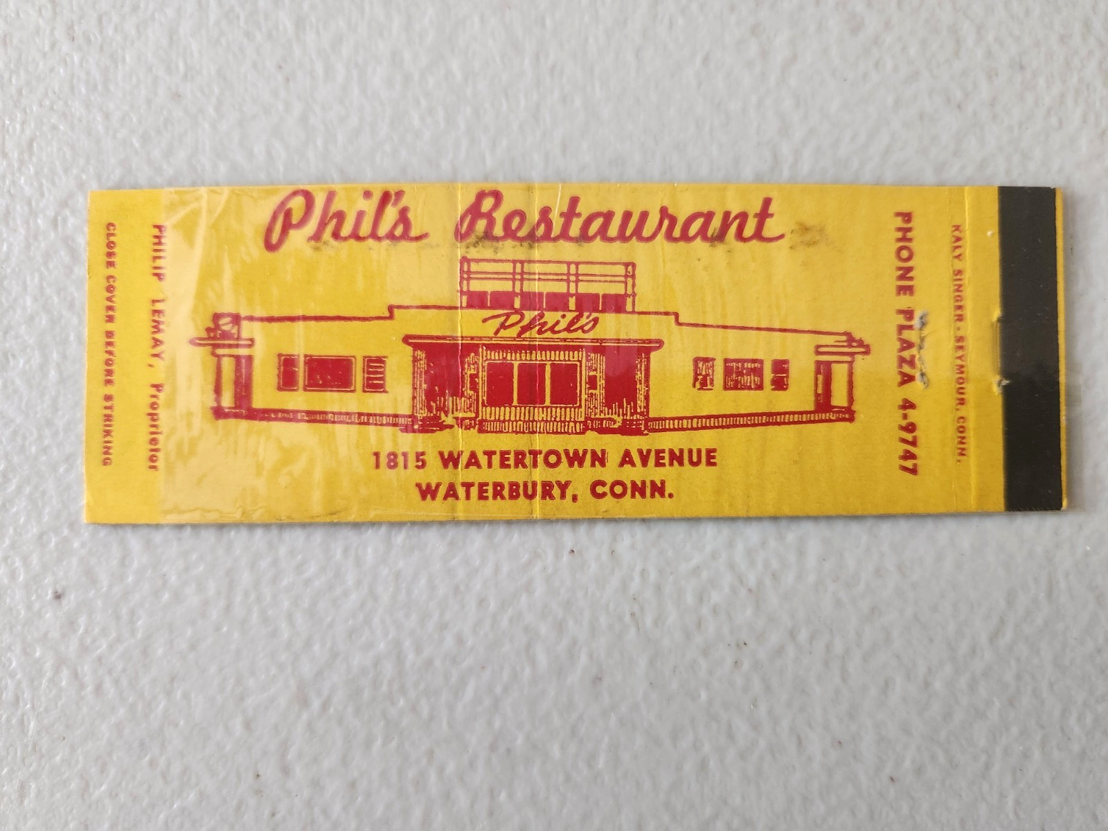 Phil's Restaurant Waterbury Connecticut Full Length Matchbook Cover.