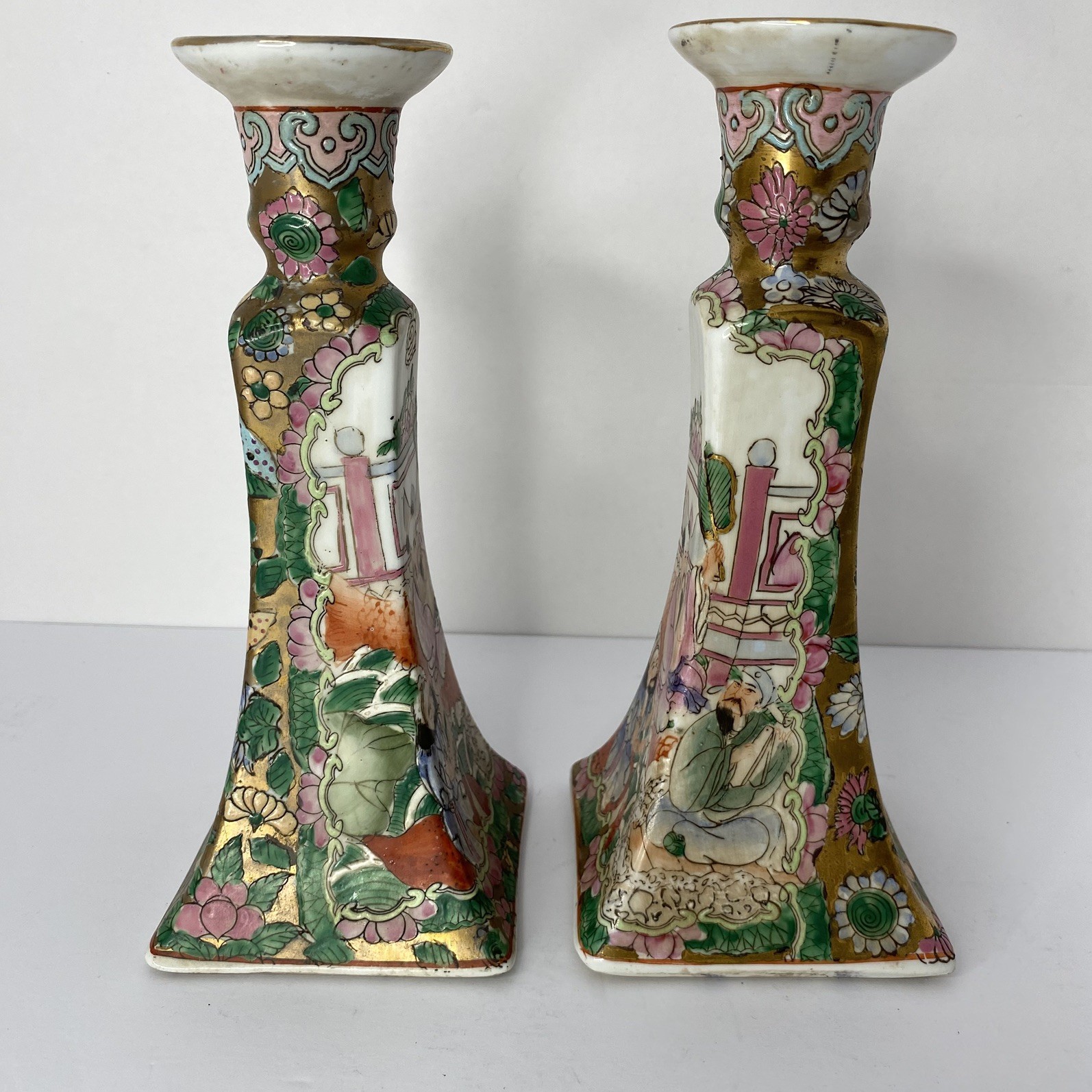 Vintage Pair HFP Macau Porcelain Candlestick Holders Square Obelisk Chinoiserie