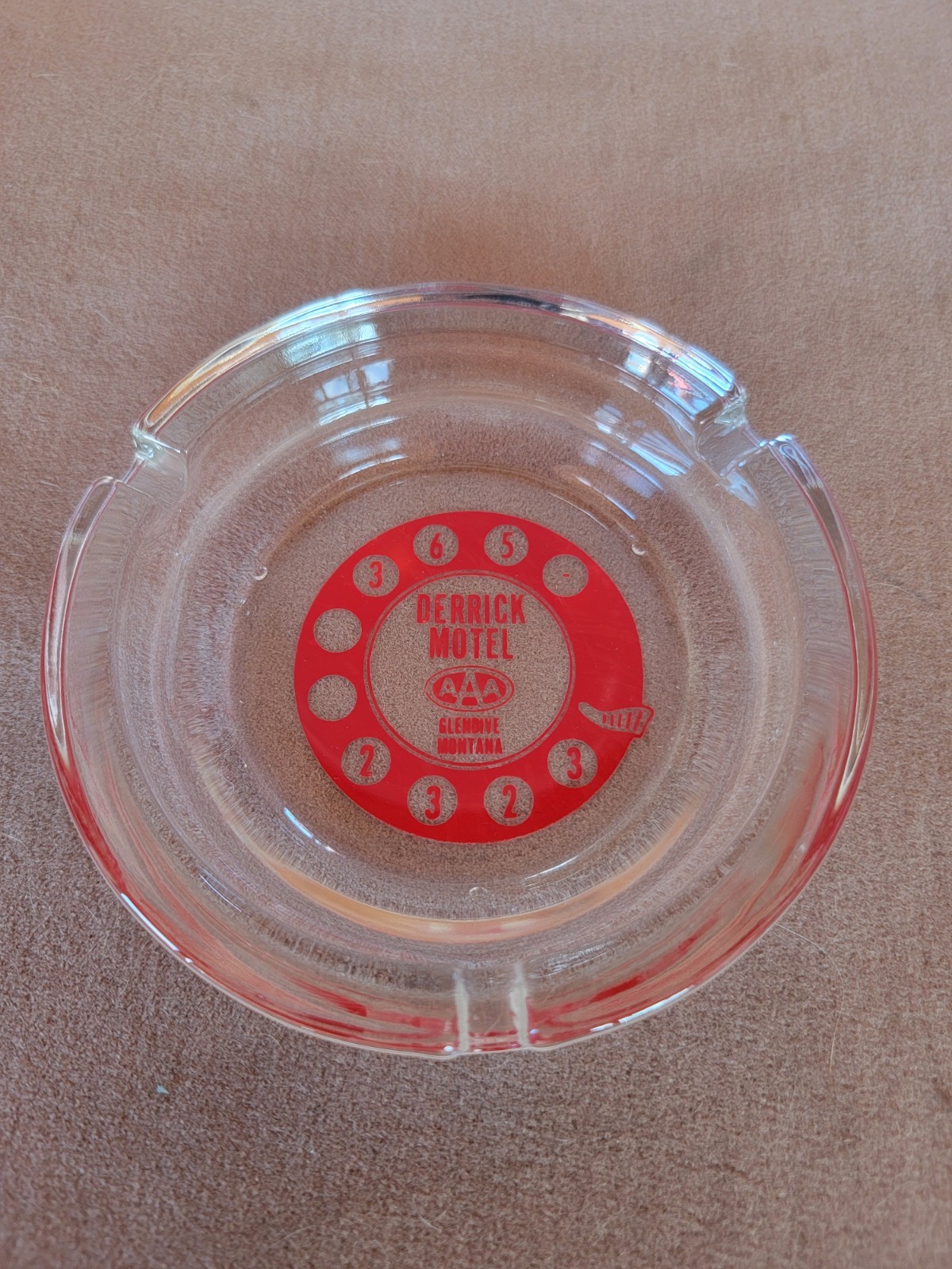 1950\'s Advertising Ashtray w/A Rotary Dial   DERRICK MOTEL Glendale Montana 