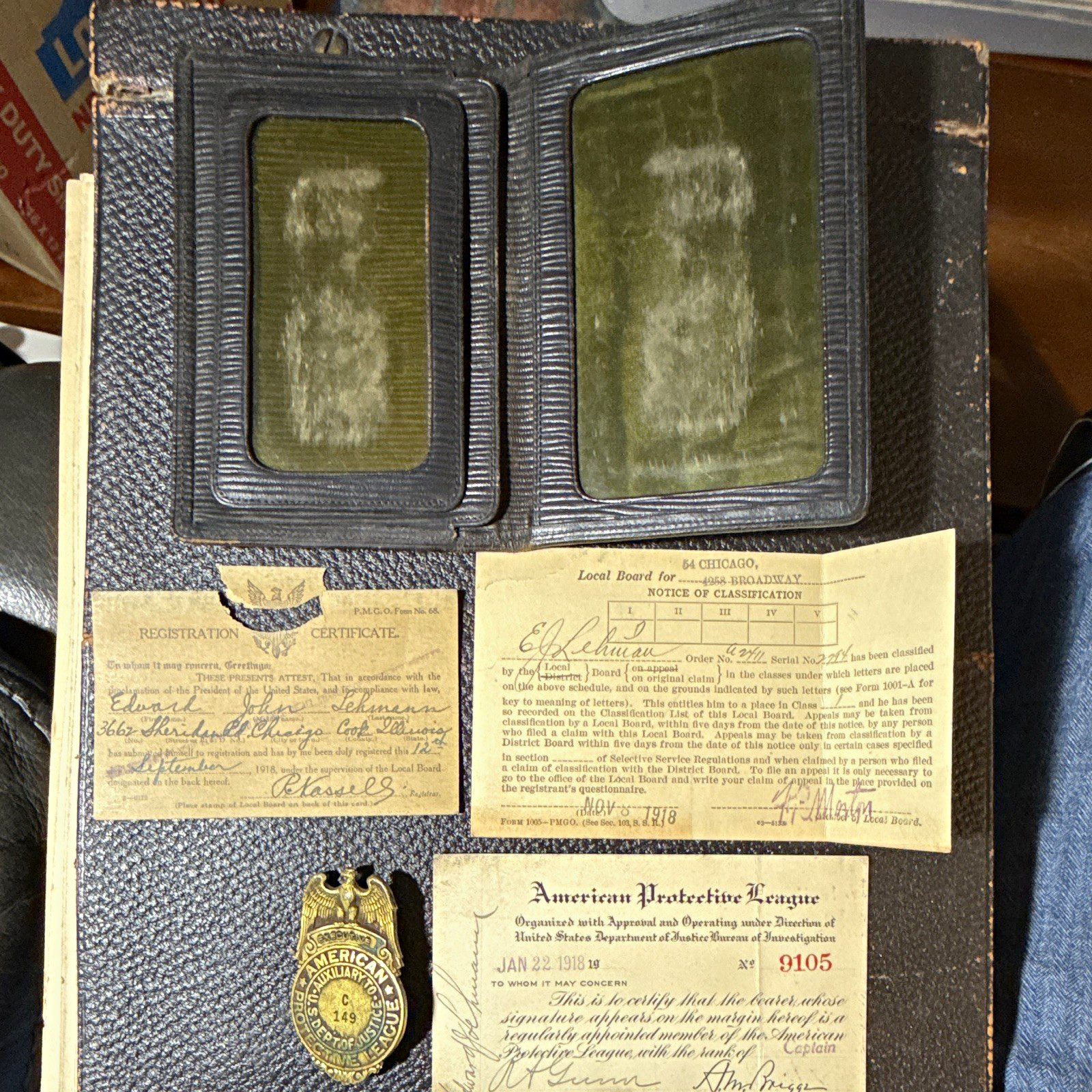 Rare WWI American Protective League Captain Badge & ID Grouping 1918 Lehmann 
