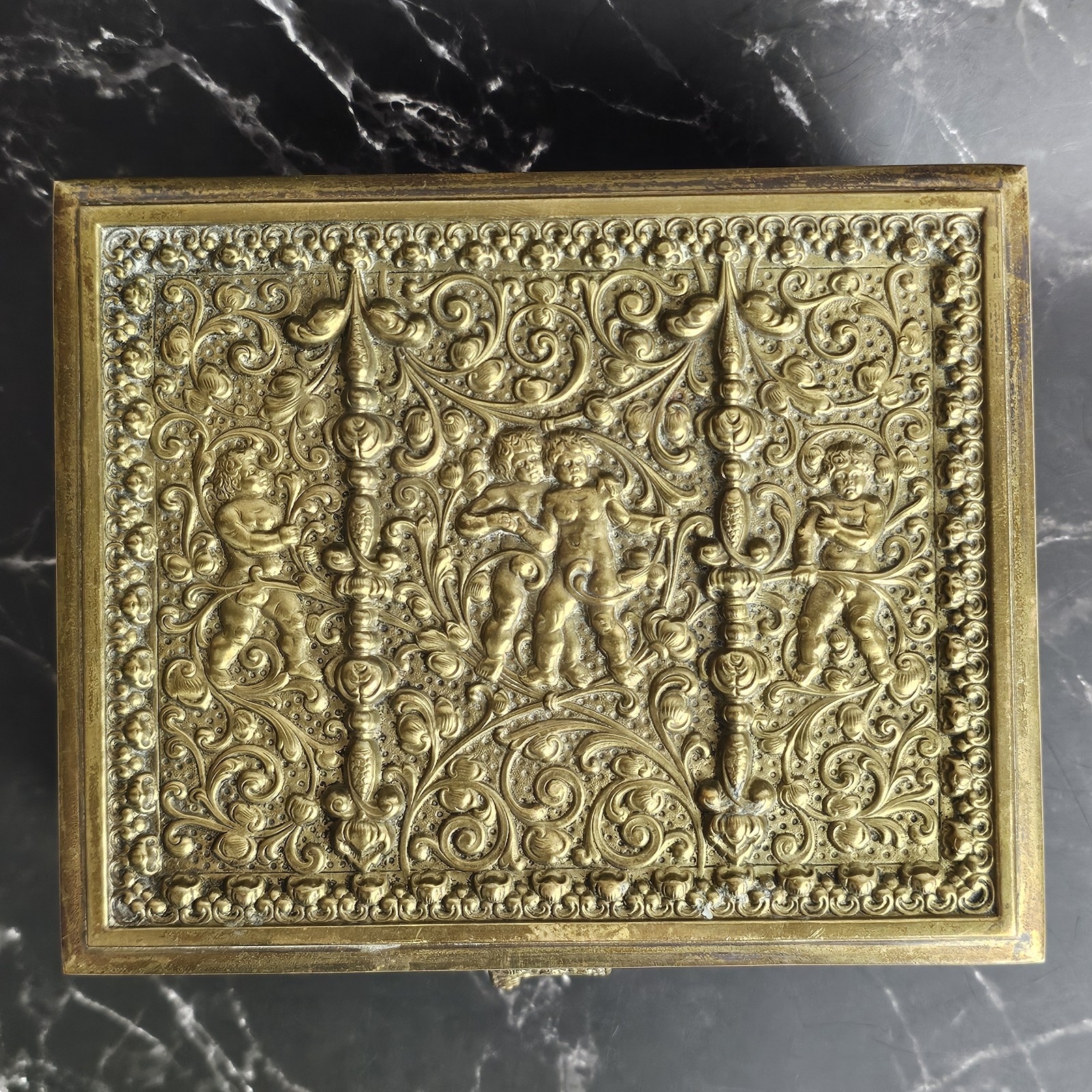 Antique Erhard & Sohne German Brass Embossed Cherub Jewelry Box Art Nouveau