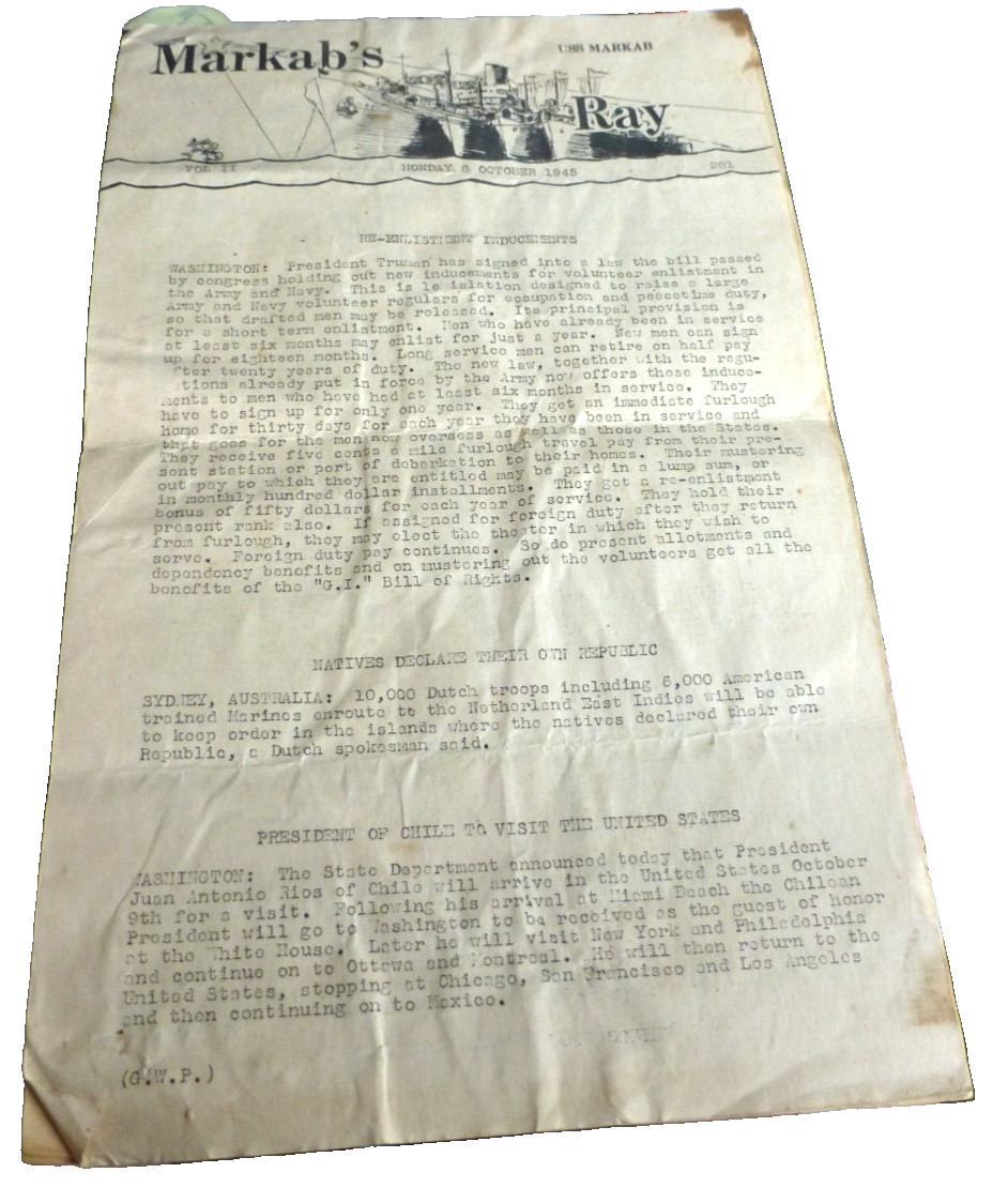 VINTAGE  NEWSLETTER  USS MARKAB MARKAB\'S RAY OCTOBER 1945