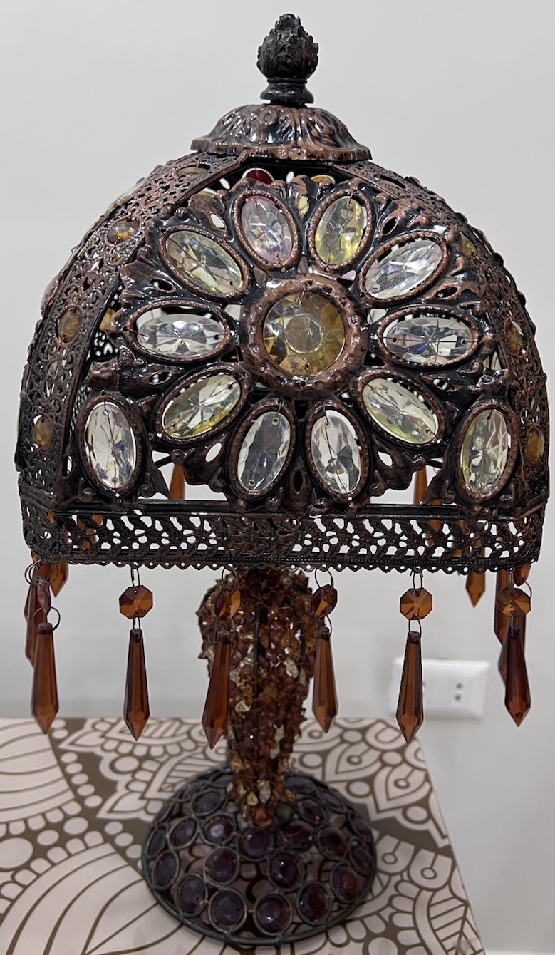 Vintage Moroccan Style Jeweled Table Lamp Amber Crystal Beaded Light