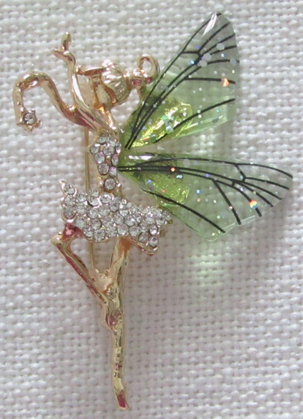 Dancing Fairy Brooch Pin Green Wings with Rhinestones