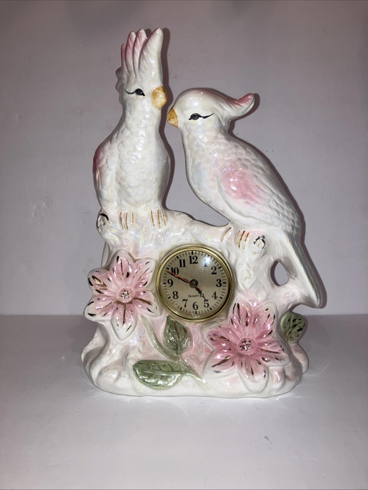 Vintage 1950’S MCM Cockatiel Mantle Clock Art Deco Ceramic W/ Gold Trim “WORKS”