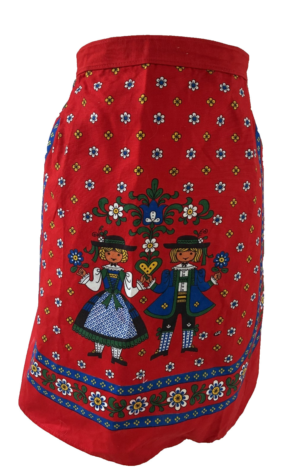 Vintage 1967\'s Kolf Austria Folk Art Red & Navy Cotton Half Apron Unused Bright