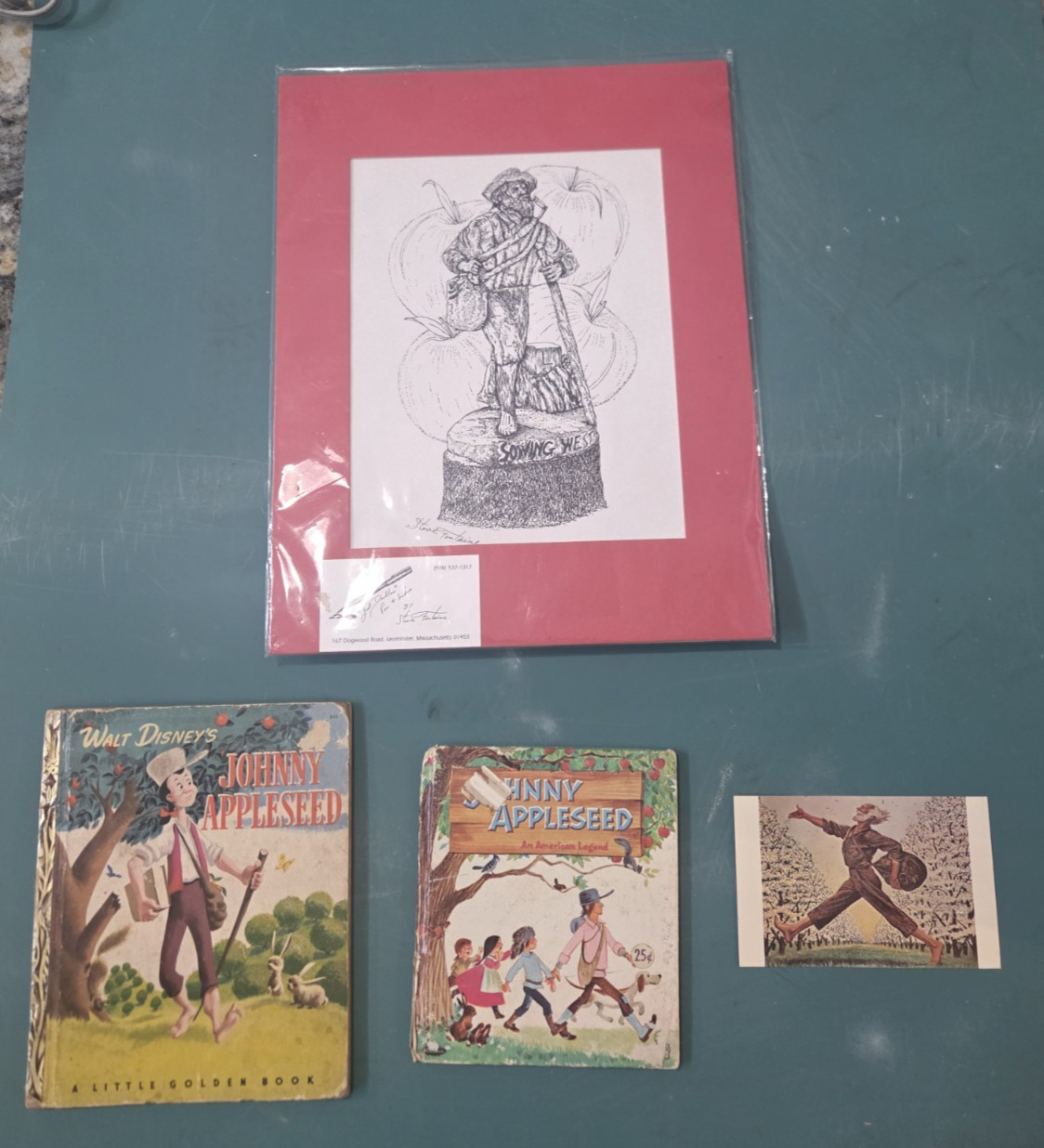 Collection of Johnny Appleseed Books postcard pen +Ink S. Fontaine Leominster MA