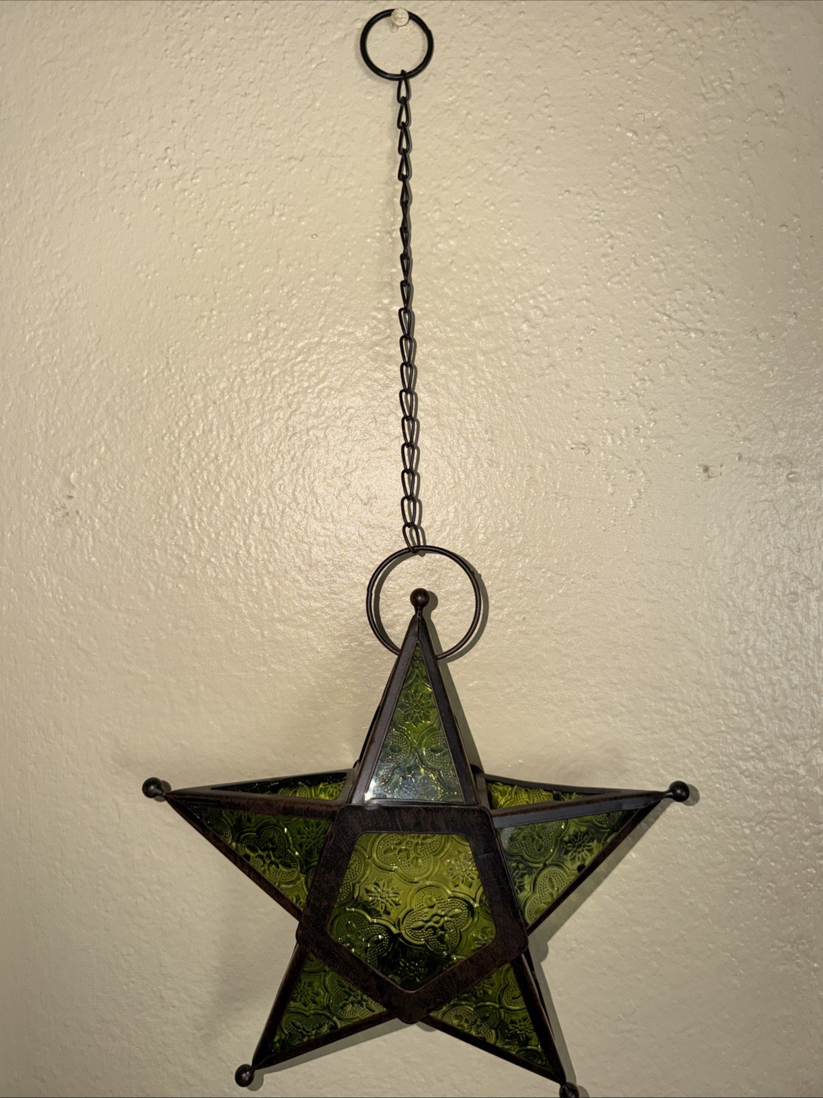 VTG Boho 10” Green Stained Glass Hanging 5 Point Star Tea Light Candle Holder