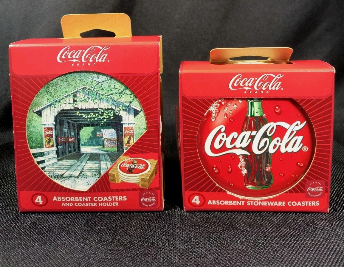 2 Sets of 4 Coca-Cola Absorbent Stoneware Coasters with Natural Cork Backing-NEW