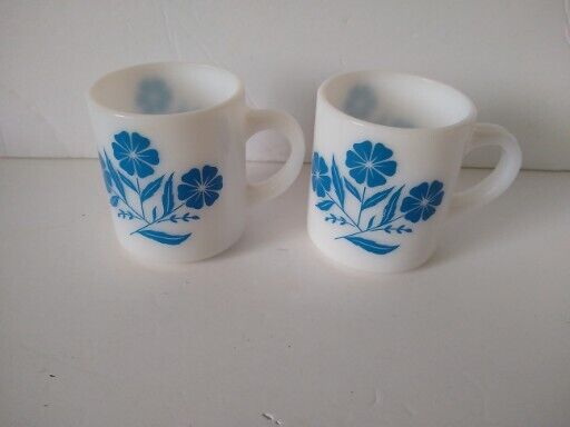 Pair of Hazel Atlas Blue Cornflower milk glass mugs kitchen cups collectible