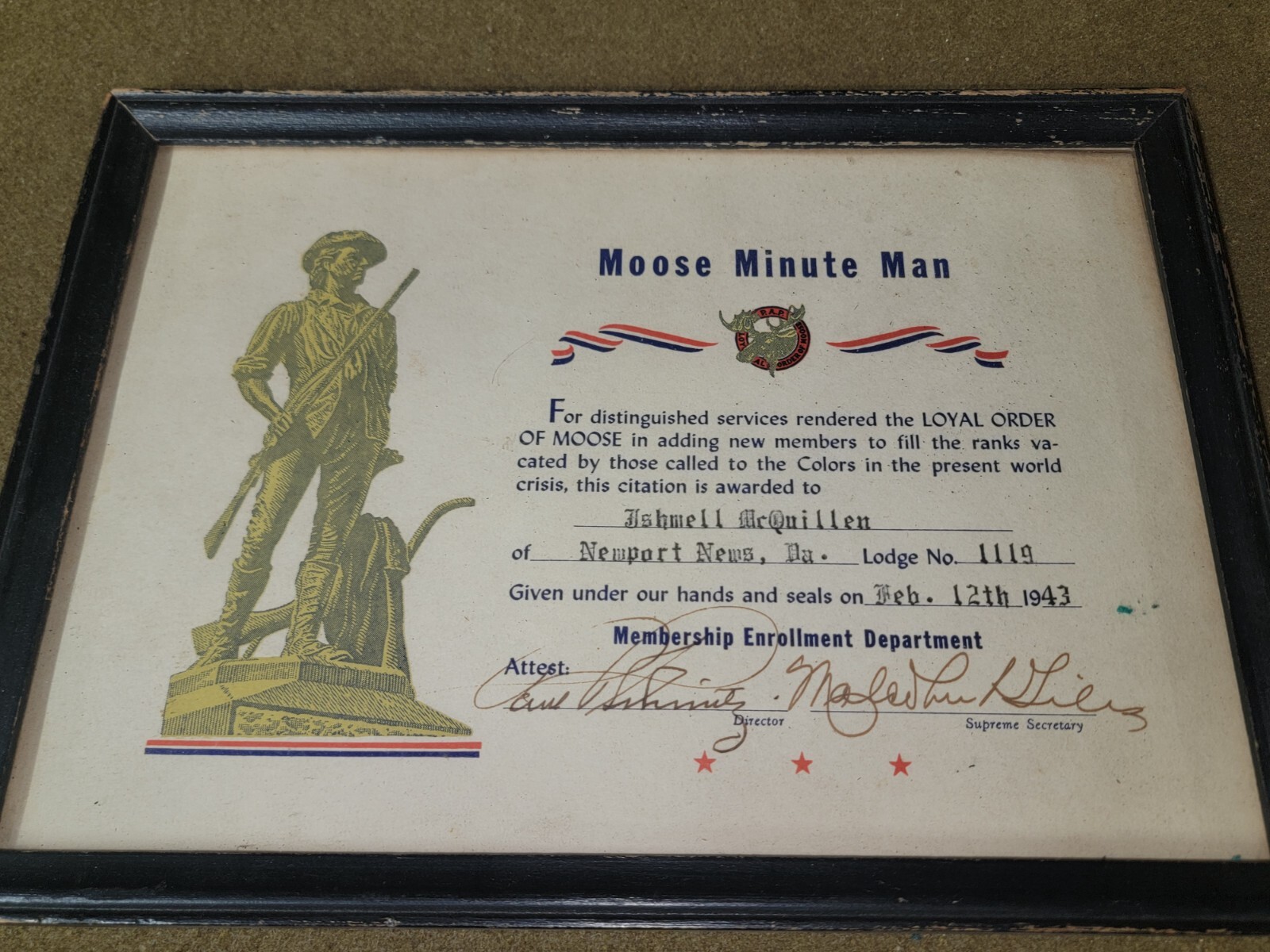 WWII Loyal Order of Moose Minute Man Certificate Dated 1943