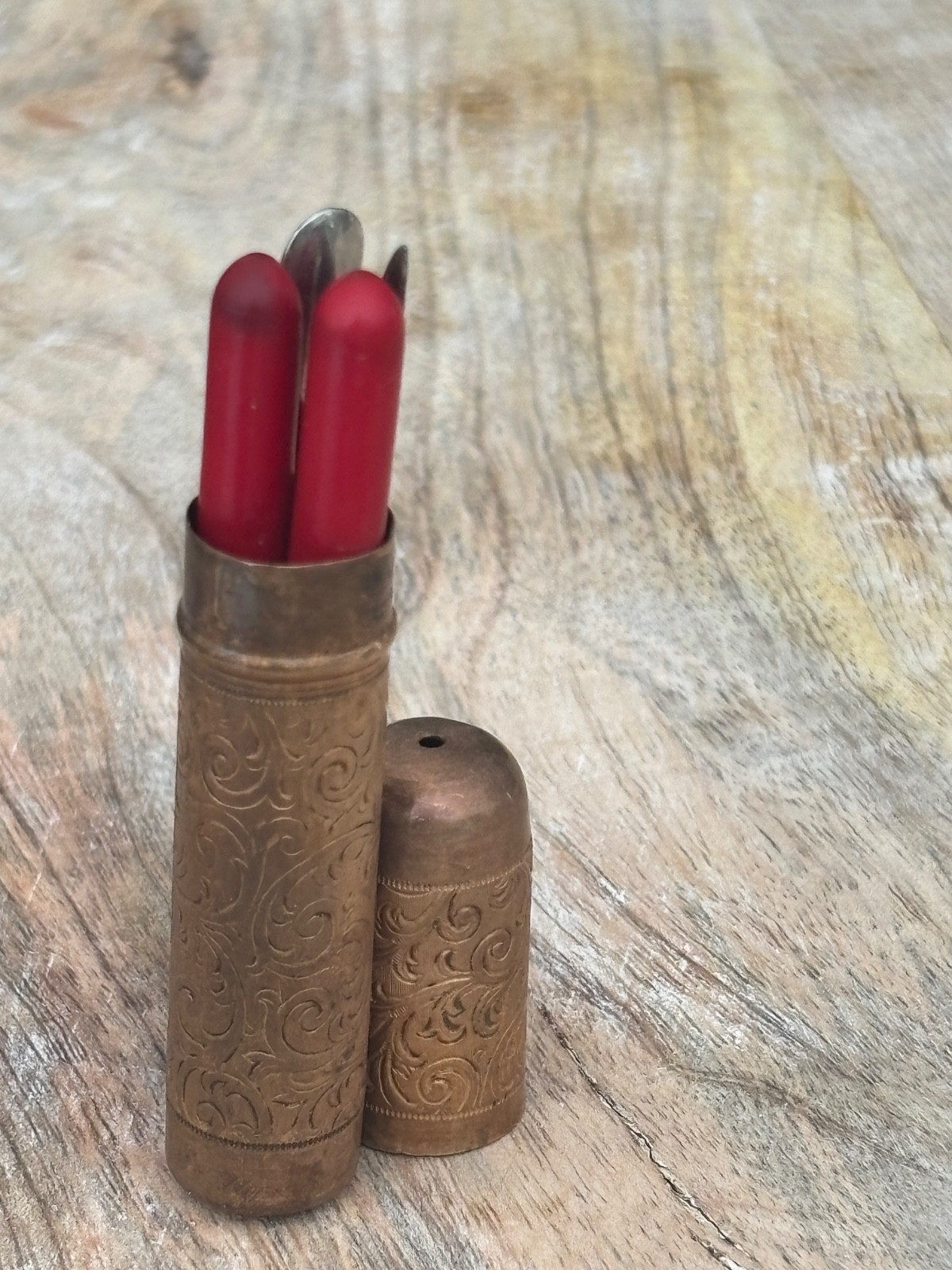 Vintage Travel Manicure Set – Embossed Metal Case – Red Handle Grooming Tools