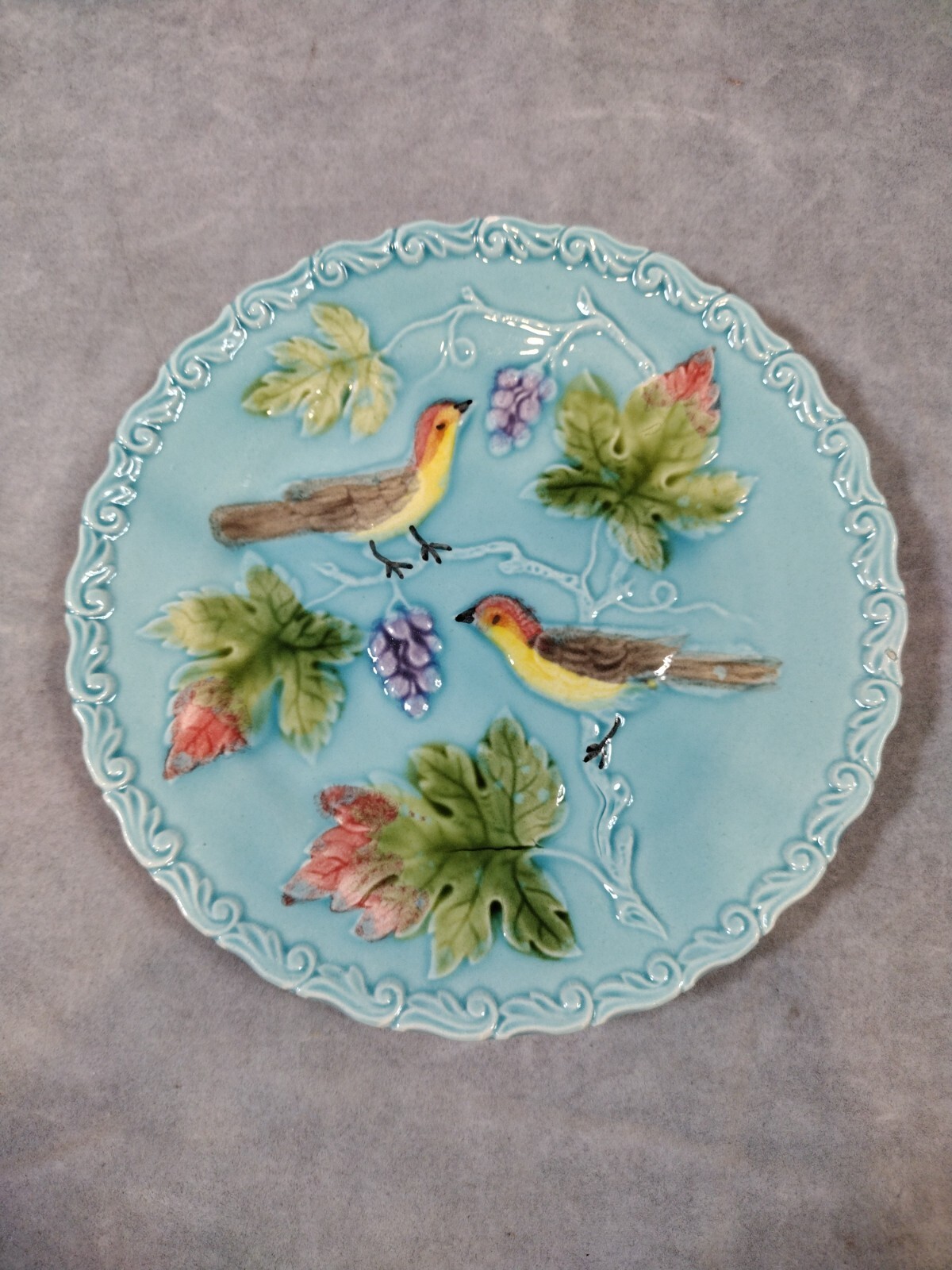 Antique 20s, Zell Germany Birds & Berries 6.5” Majolica Turquoise Plate Rare Antique 20s, Zell Germany Birds & Berries 6.5” Majolica Turquoise Plate Rare
