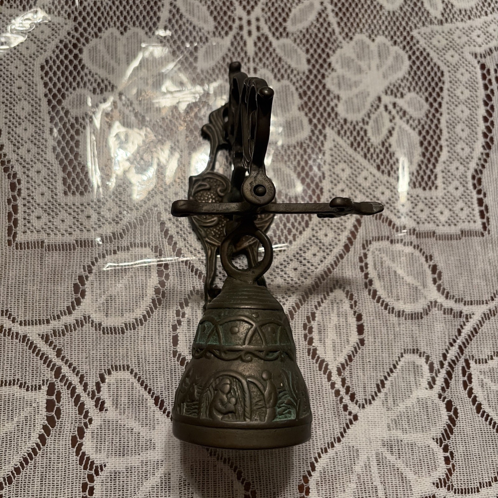 Antique Finish Hanging Metal Bell w/ Ornate Bracket, Raised Relief, Religious