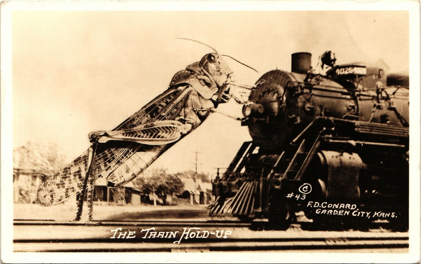 GRASSHOPPER ROBS TRAIN real photo postcard rppc THE HOLD UP EXAGGERATION