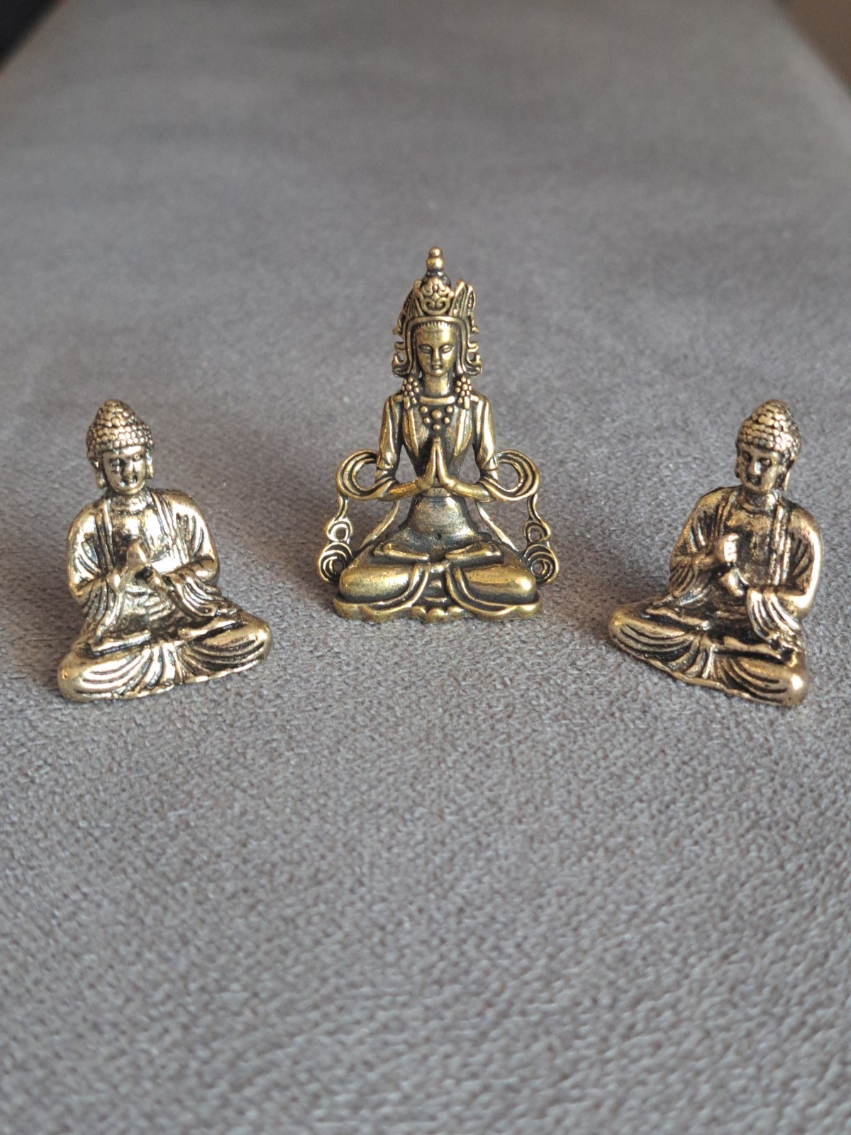 3pc Vintage Brass Mini Buddha Statue Set - Tibetan Bodhisattva Pocket Figurines