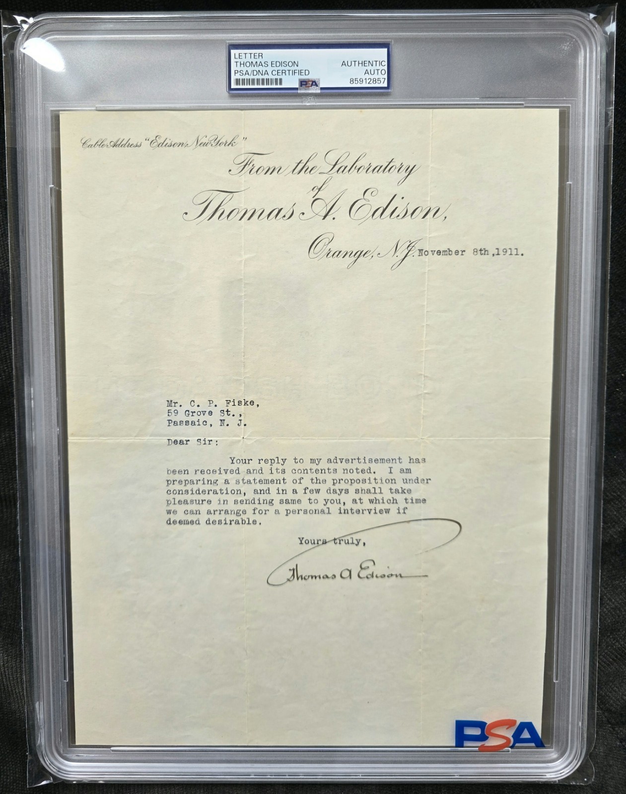 THOMAS A. EDISON SIGNED / AUTOGRAPH LETTER PSA AUTHENTIC