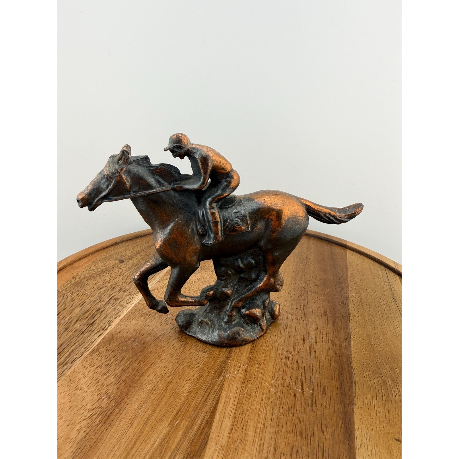 Vintage Spelter Horse Jockey Figurine MCM Copper Patina Metal Racehorse Statue