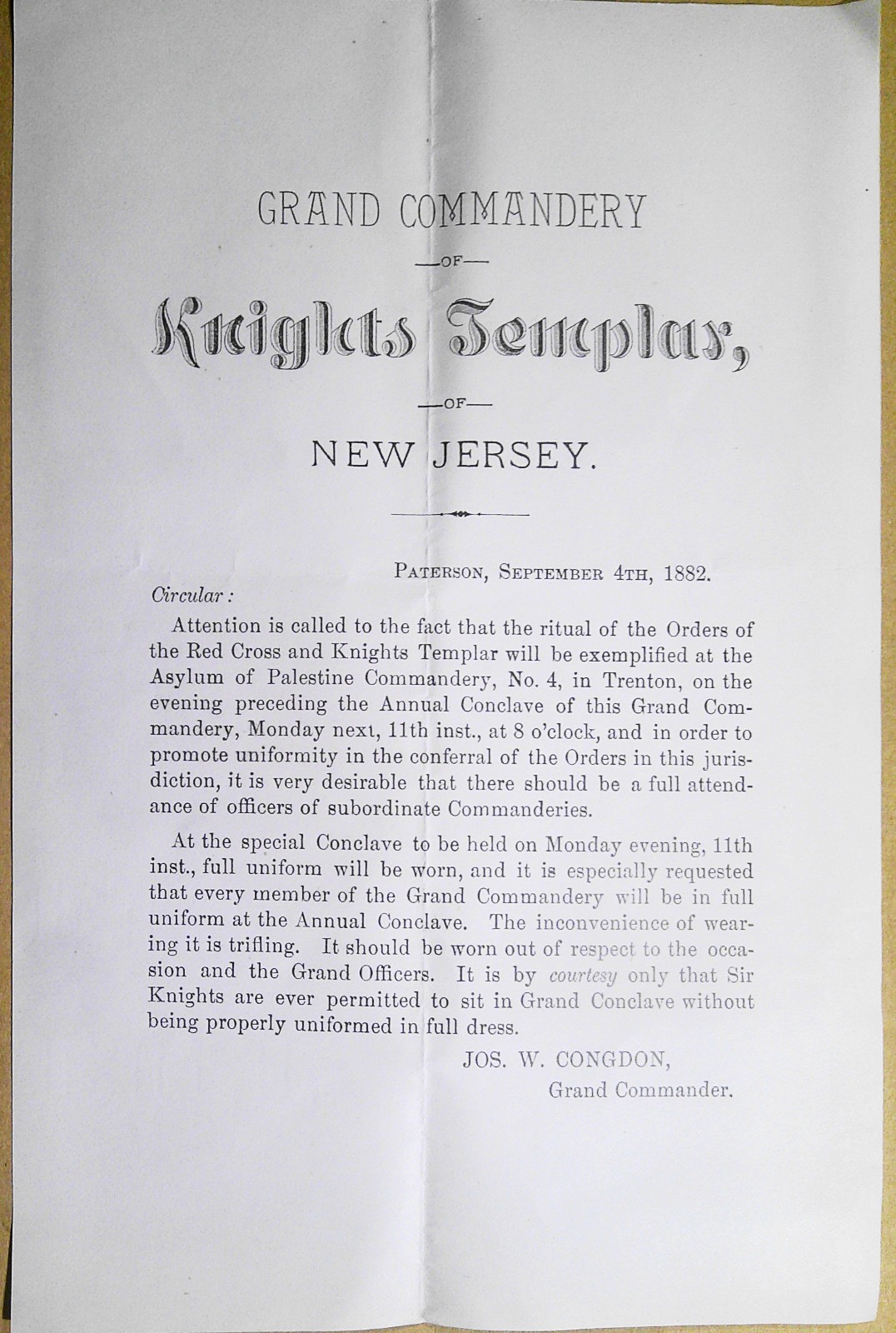 1882 Grand Commandery NJ Knights Templar Circular Paterson Trenton Jos W Congdon