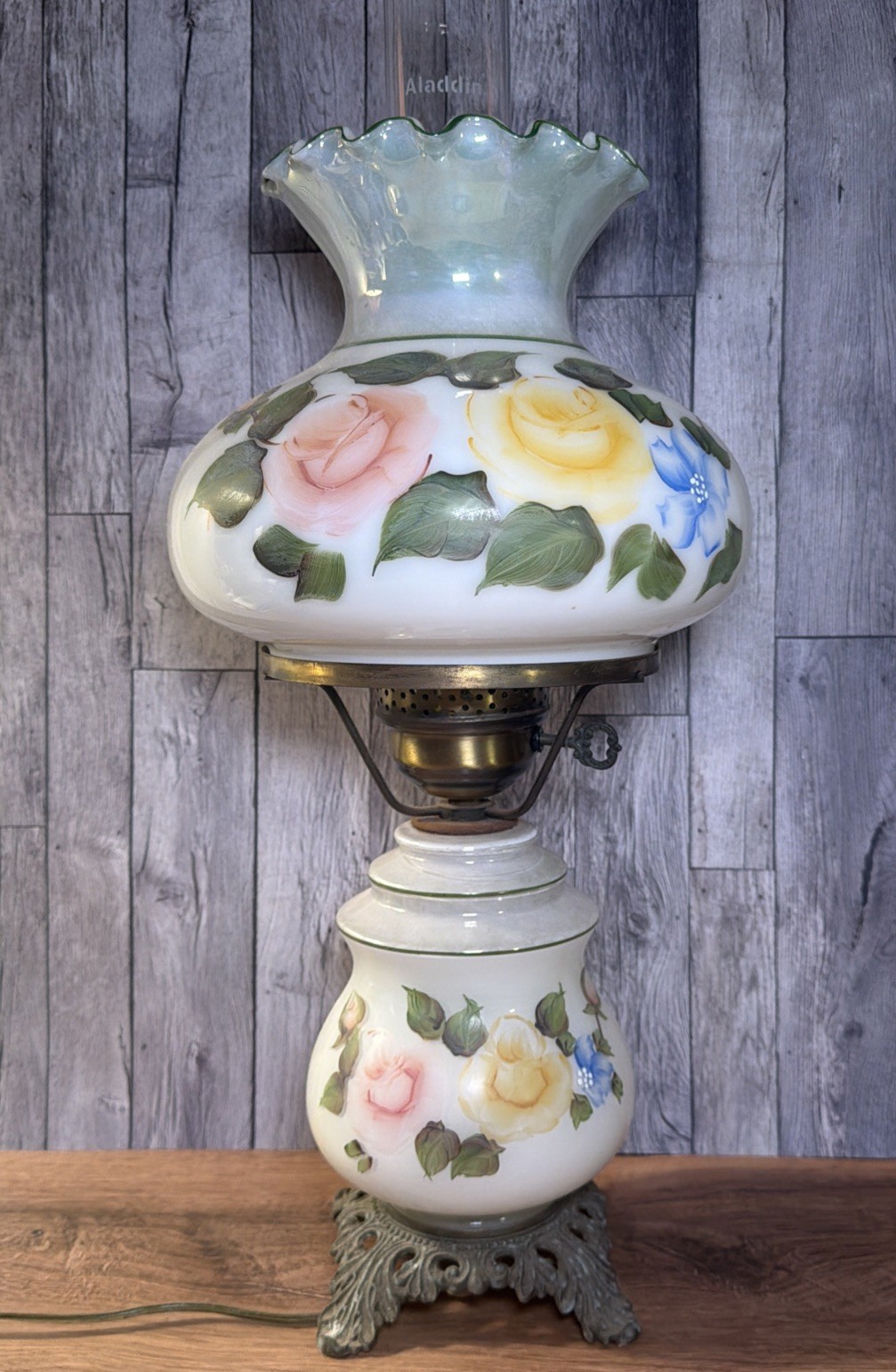 Vintage Aladdin 3 Way Electric Hurricane Lamp Hand Painted Floral Rose 23\