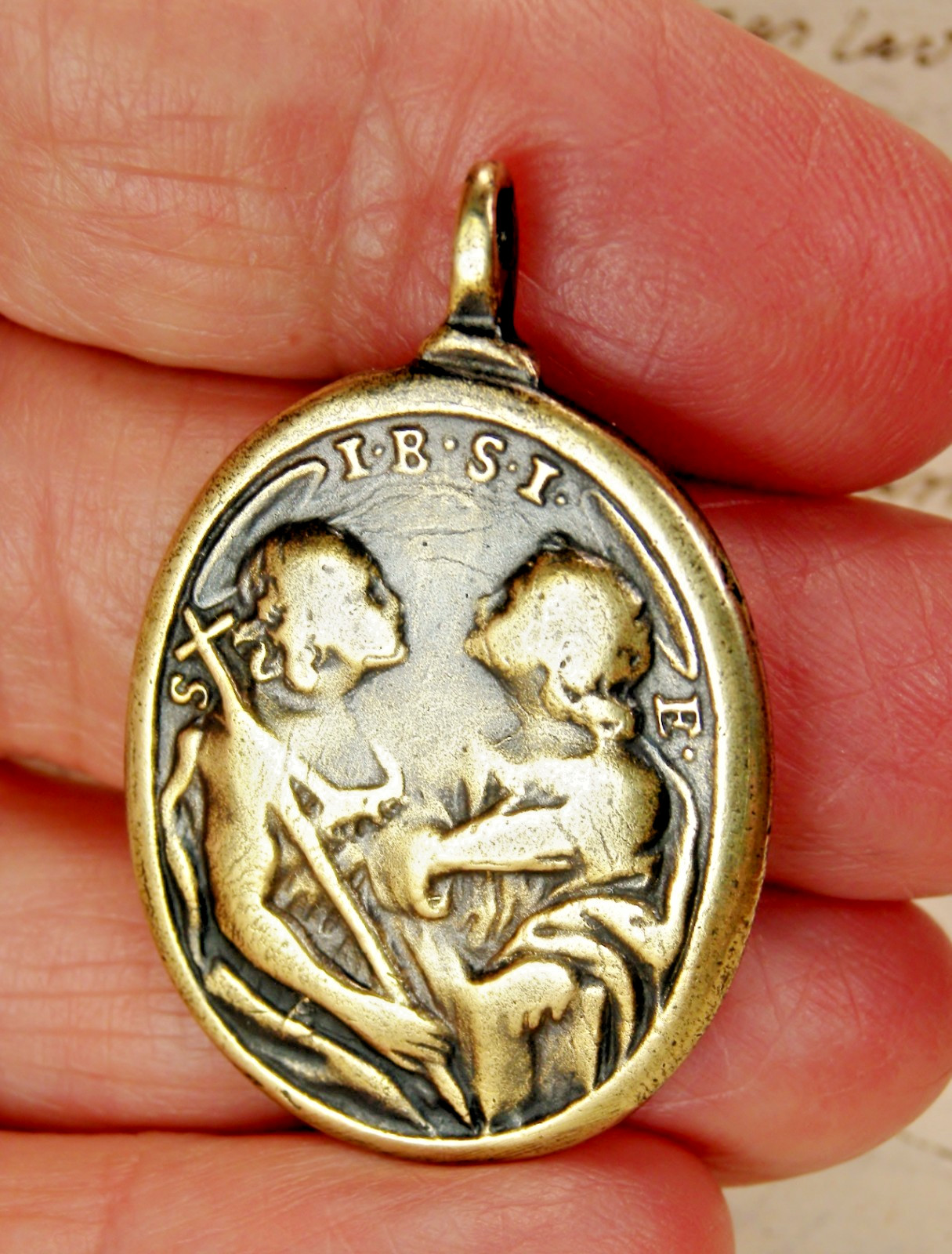 Antique 17th Century Mary John the Baptist & John the Evangelist Bronze Medal