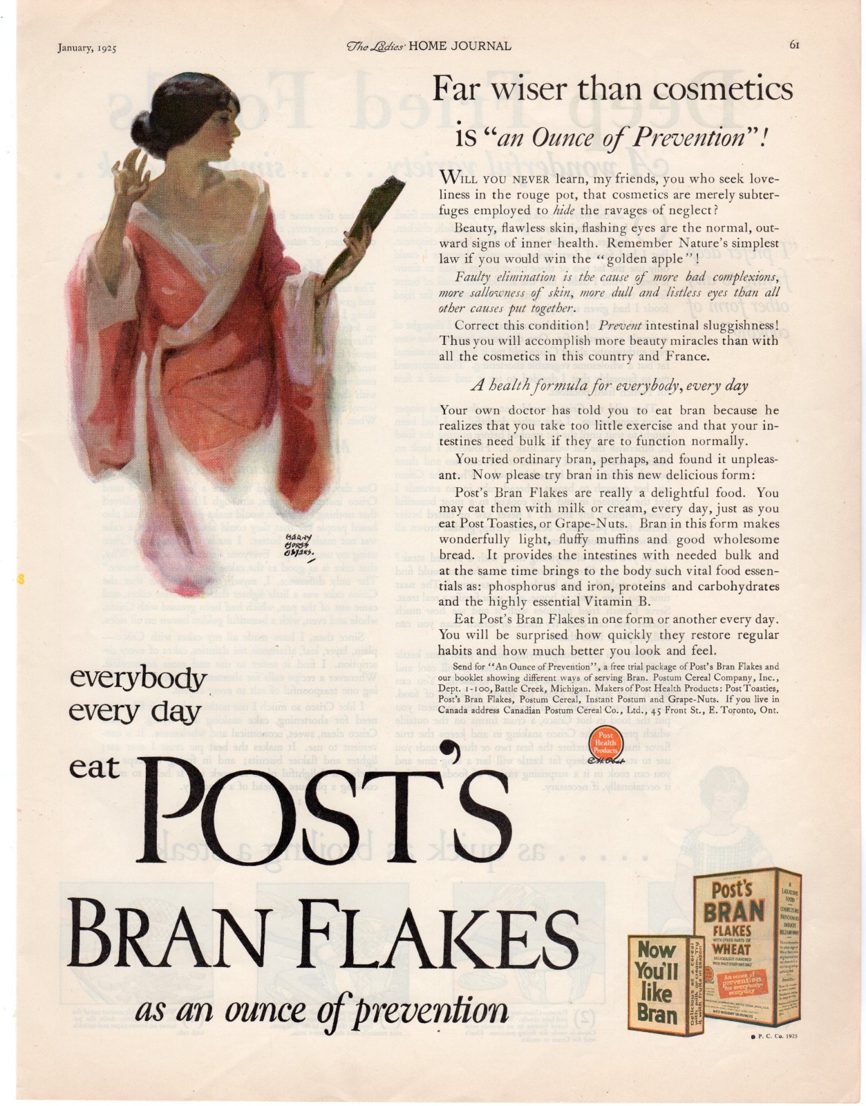 1925 Post’s Bran Flakes Ad Art Deco Flapper Girl Fiber Cereal Health Beauty Diet