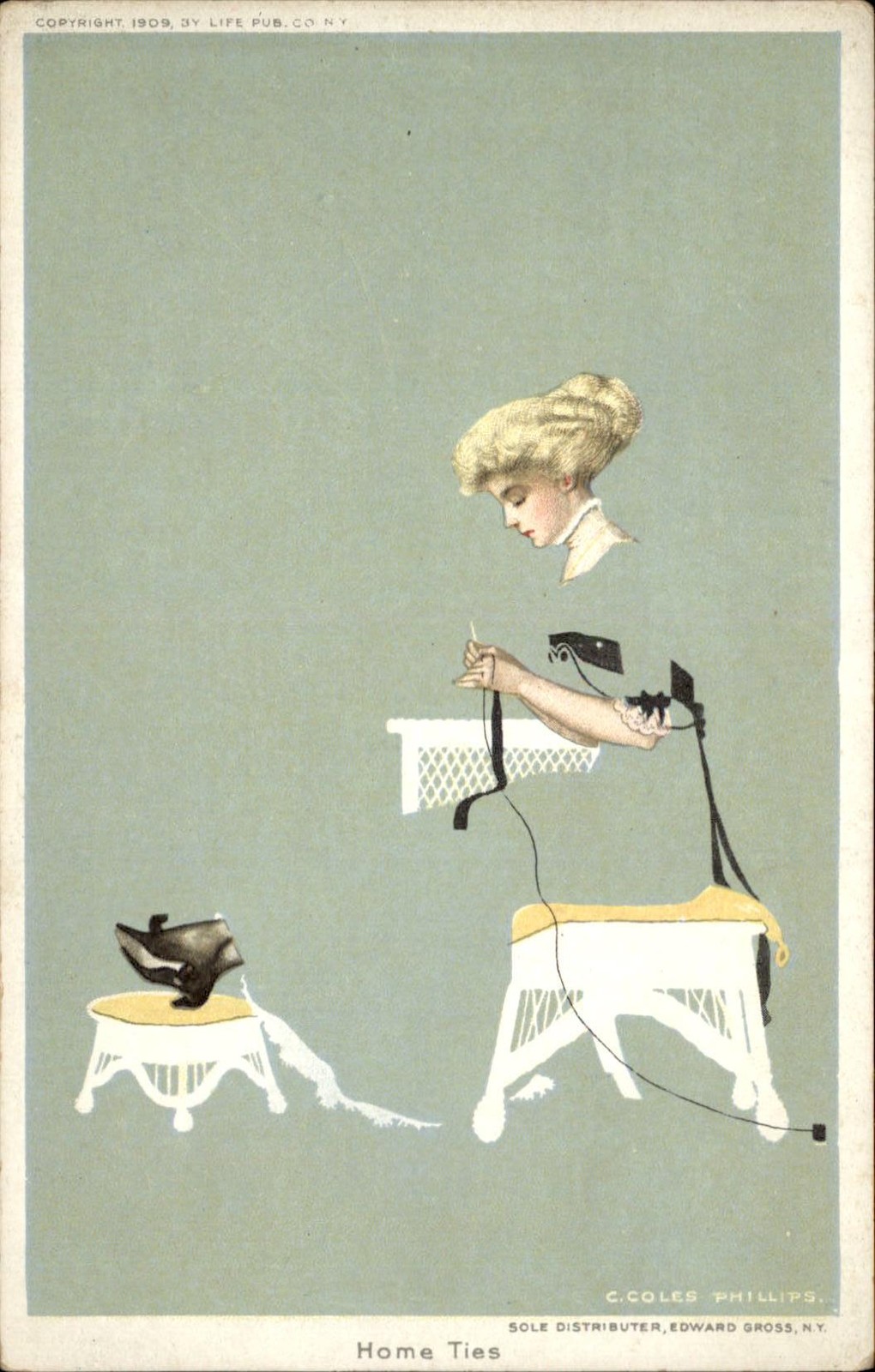 Home Ties Woman Knitting FADEAWAY C. Coles Phillips c1909 Vintage Postcard bhn