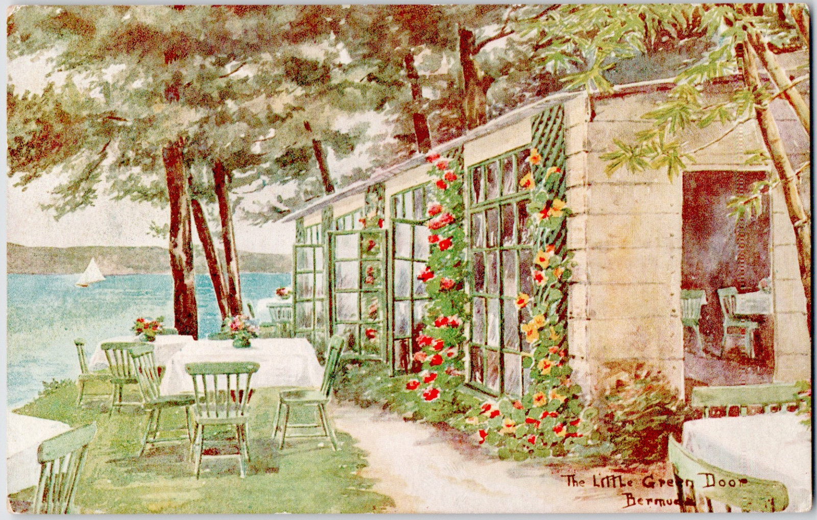Bermuda Hamilton 1910 Little Green Door Lakeside Porch Roses Dining Postcard