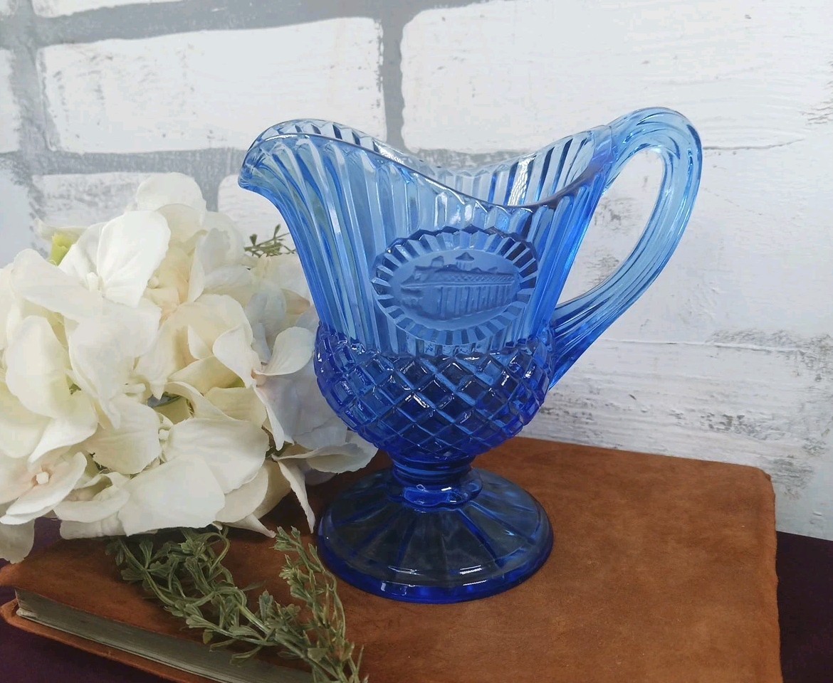Vint Cobalt Blue Pitcher Avon Mt Vernon Medallion Ribbed / Diamond Cottage Core 