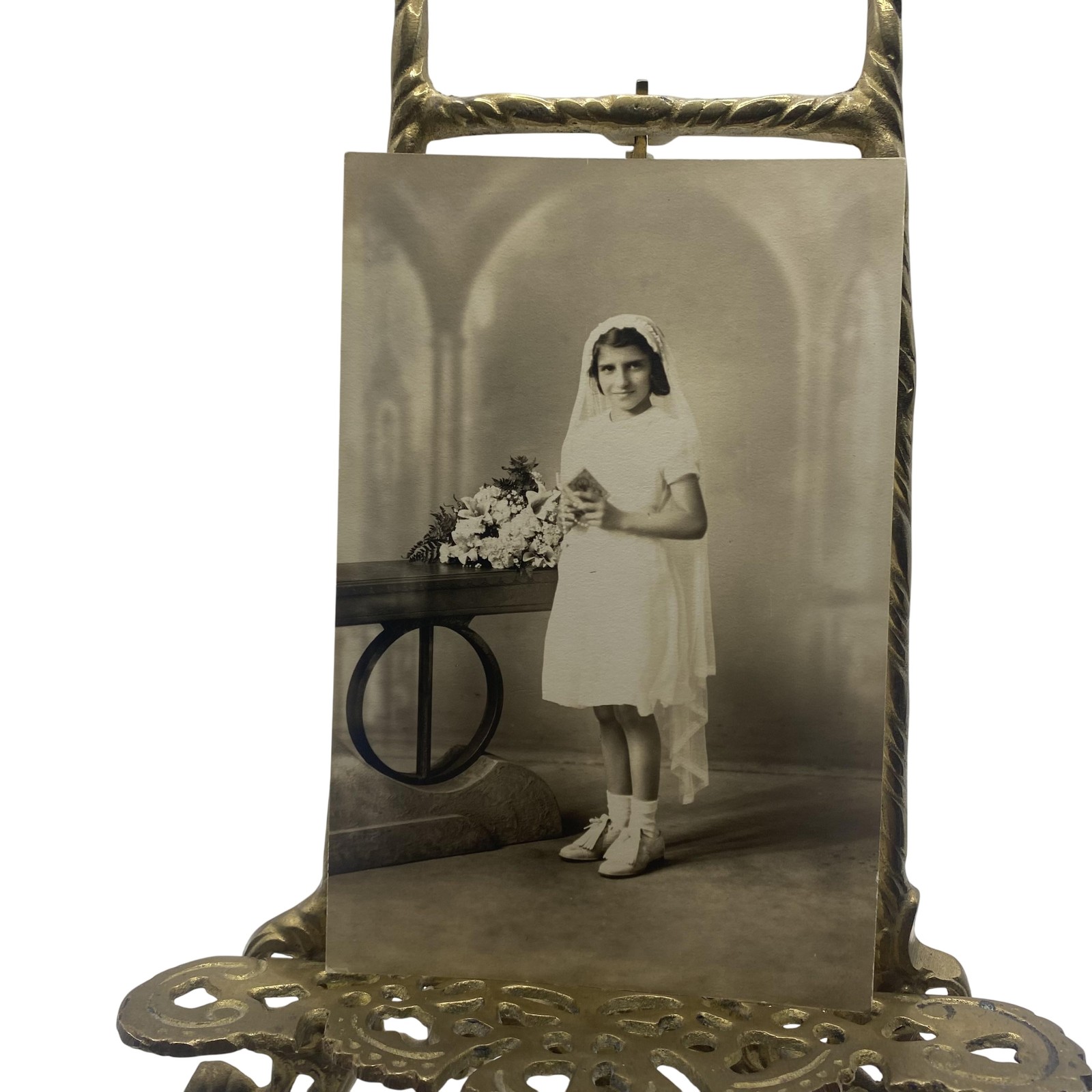 Vintage Girl First Communion Veil Flowers Portrait Photo 4x6 Sepia Gelatin Orig