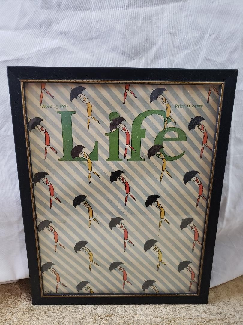 VINTAGE 1926 LIFE MAGAZINE COVER ~ RAINSTORM and UMBRELLAS FRAMED