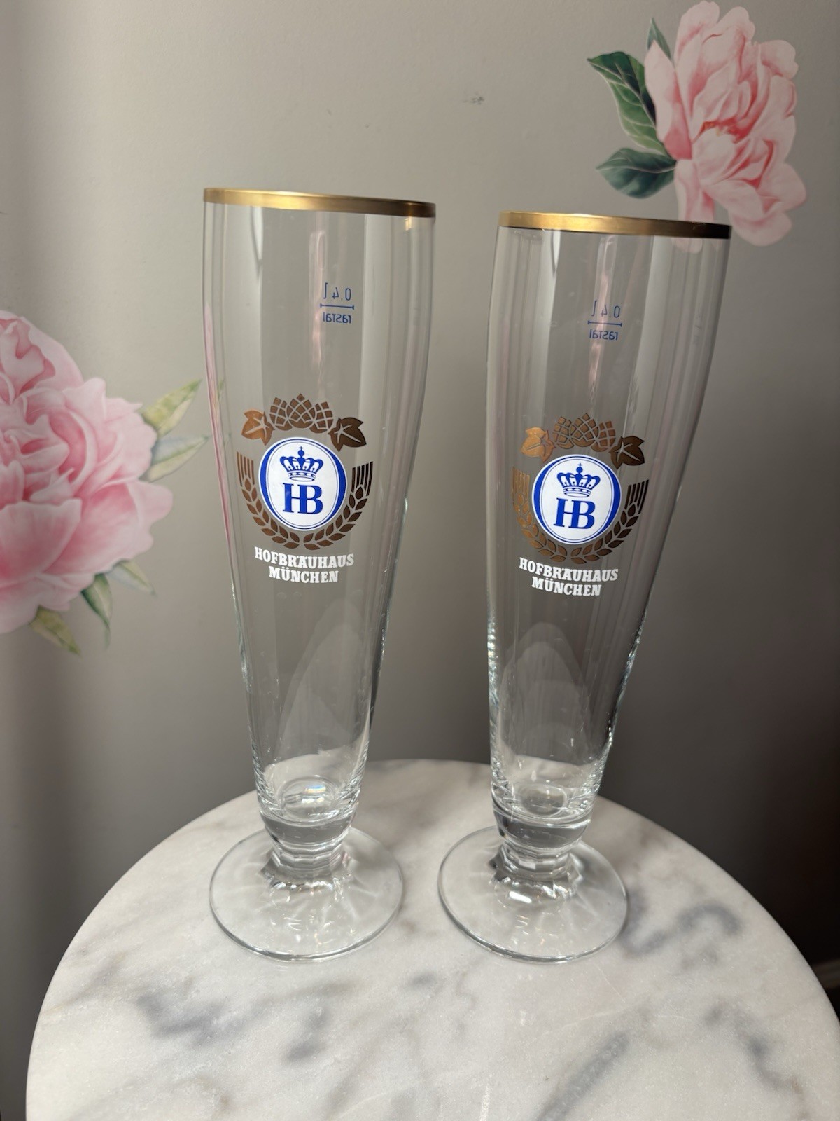 Hofbrauhaus Munchen German Pilsner Beer Glasses Gold Rim 0.4L Set of 2 Vintage⁠