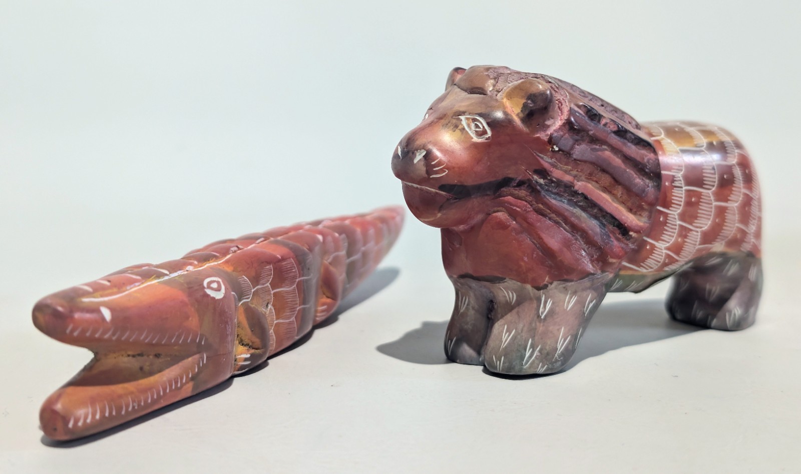 Hand Carved Soapstone Animal Figurines African Decor Lion Crocodile 