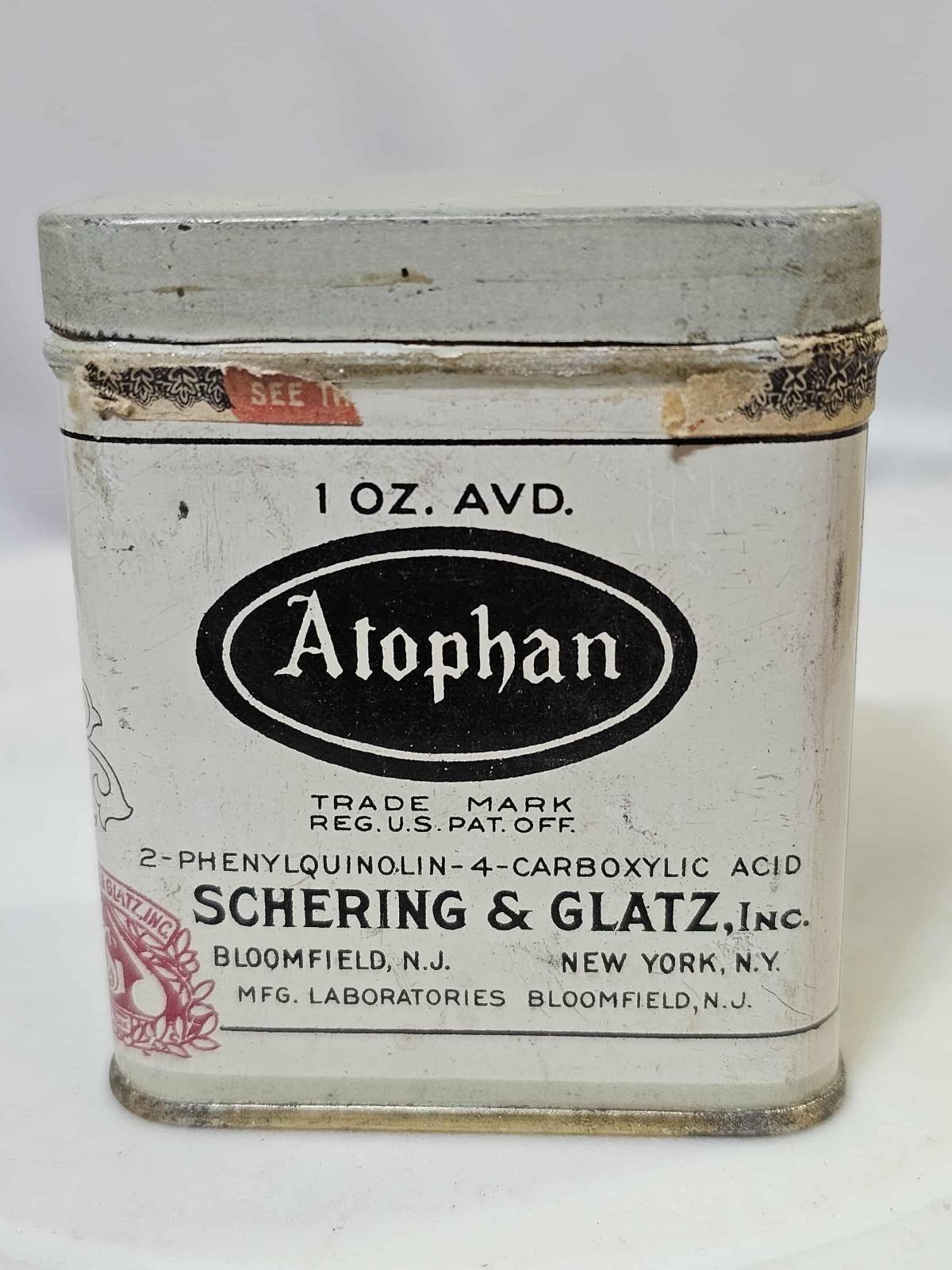 Vtg Tin USA Atophan Medicine Apothecary Schering & Glatz - B4- READ