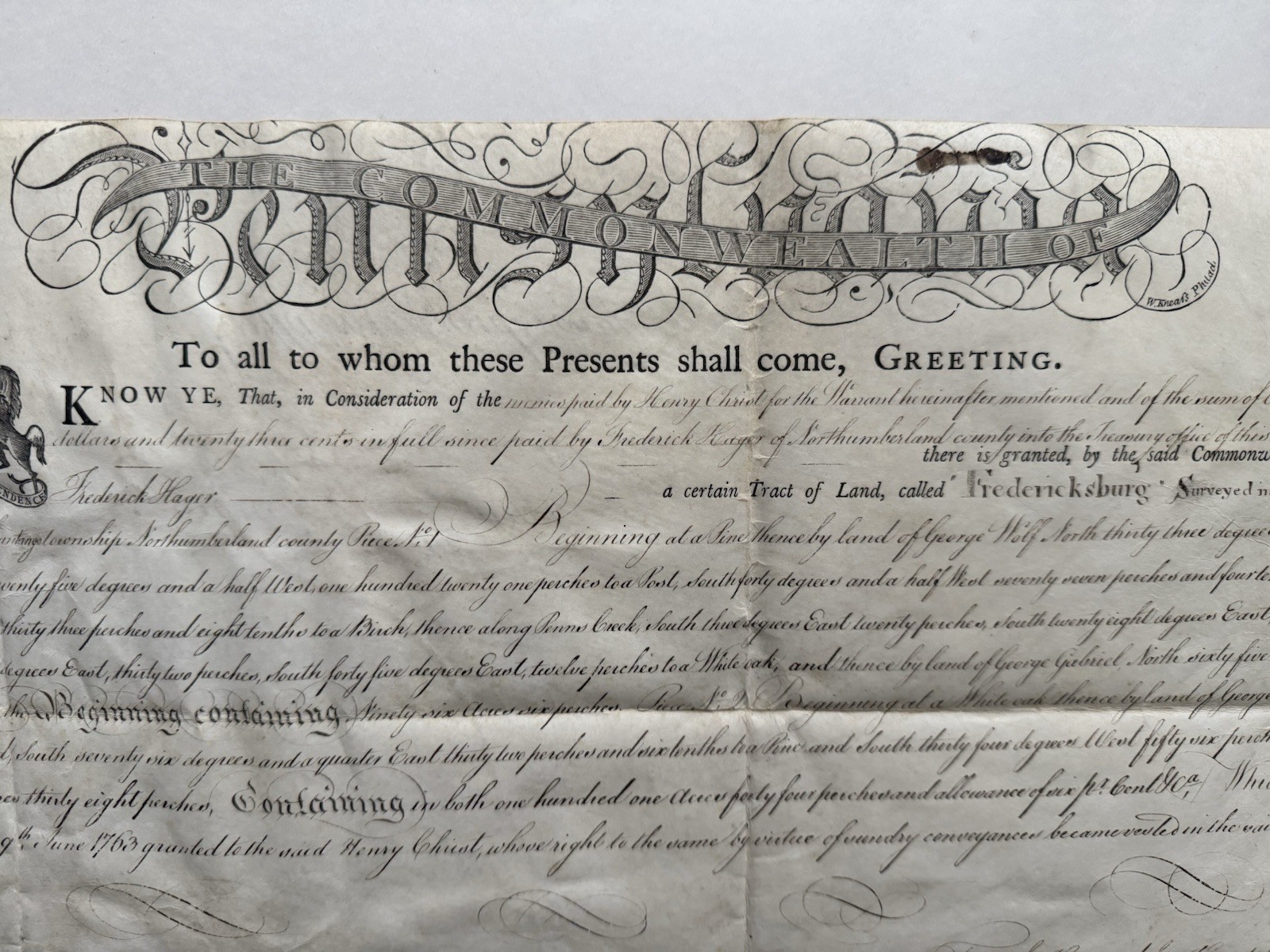 1810 Fredericksburg Pennsylvania Land Grant