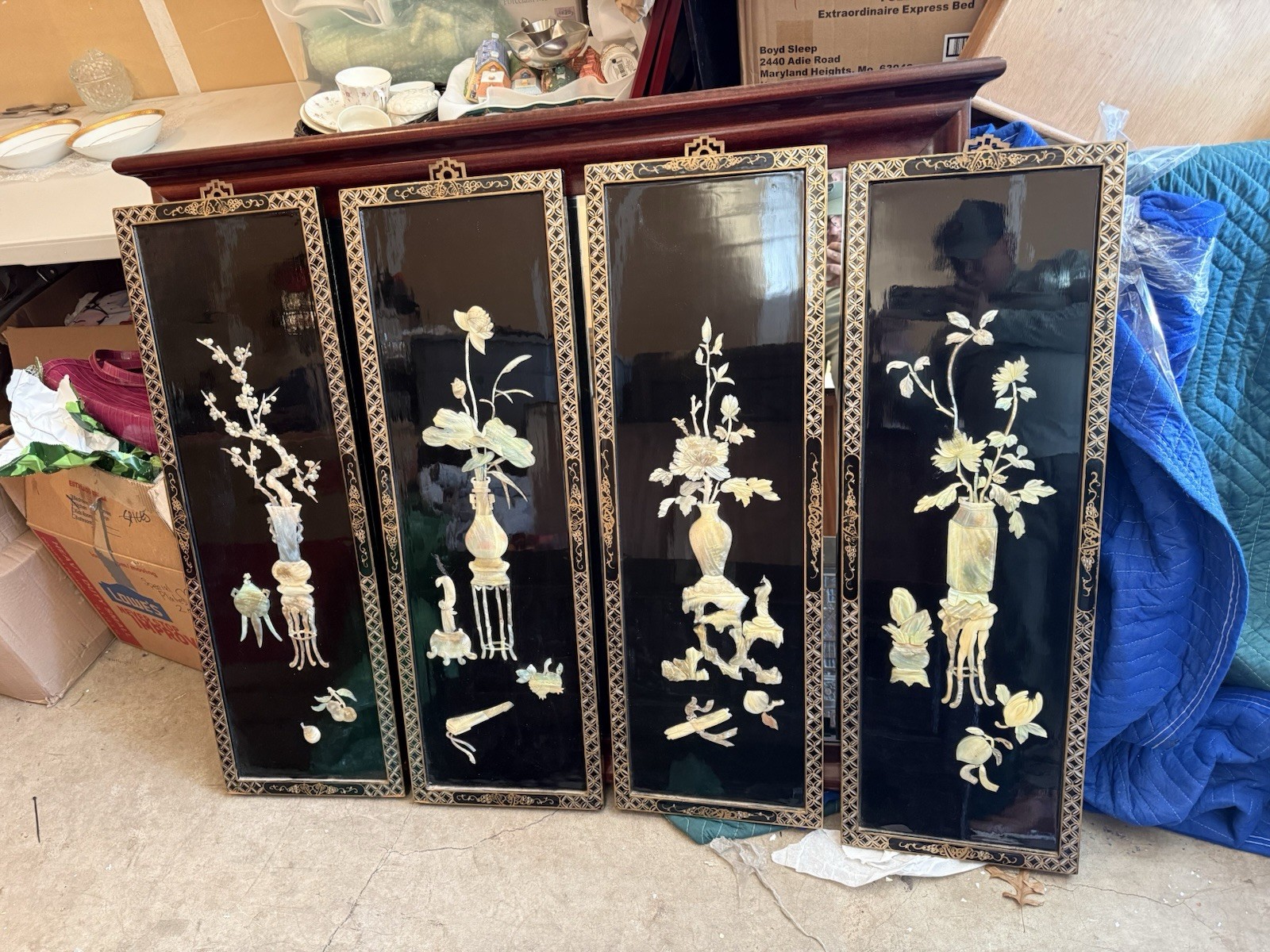Vintage Chinese Lacquered Carved Soapstone Panels - Set of 4