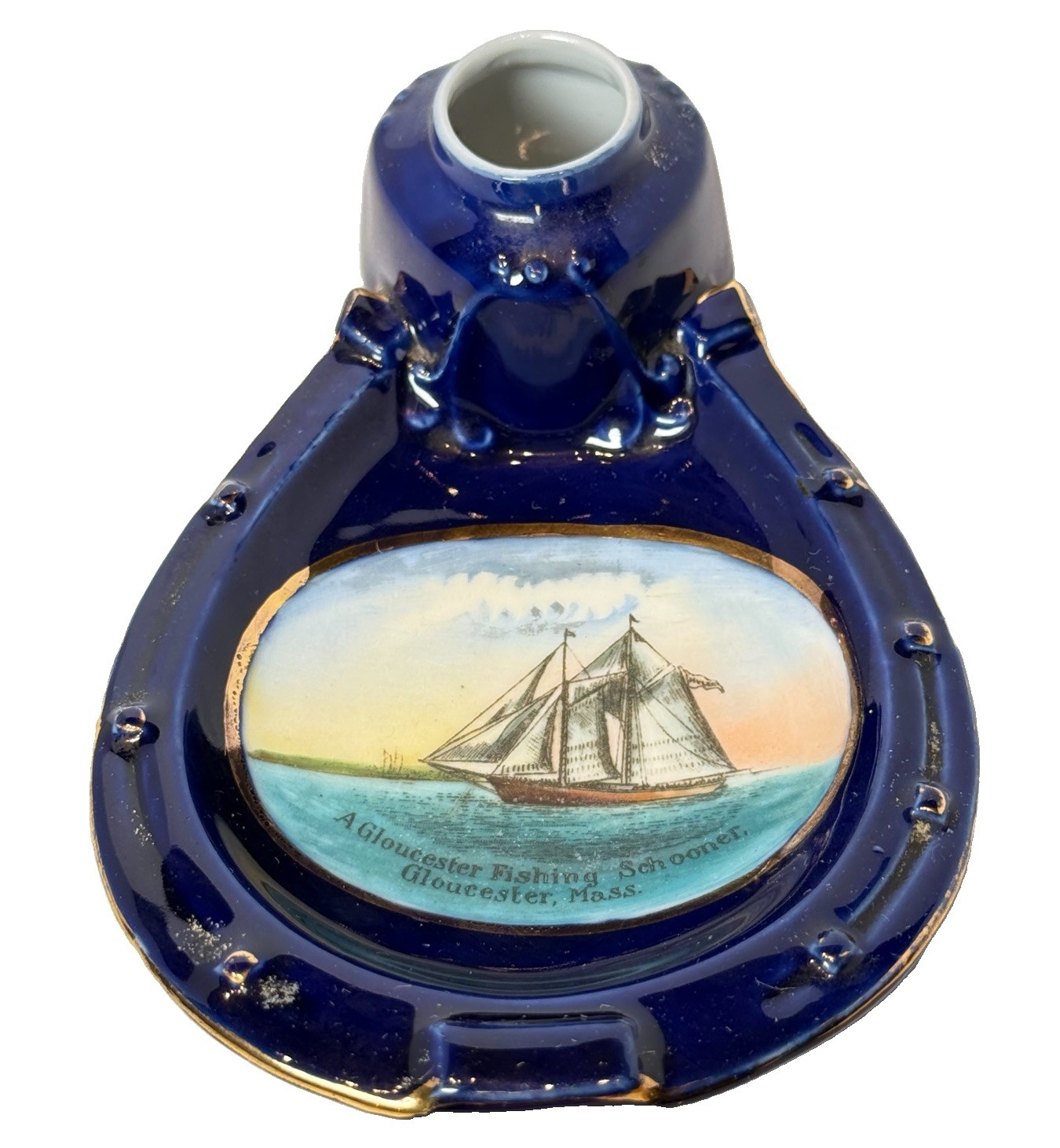 GLOUCESTER MA Massachusetts Souvenir Porcelain FISHING SCHOONER COBALT TRINKET
