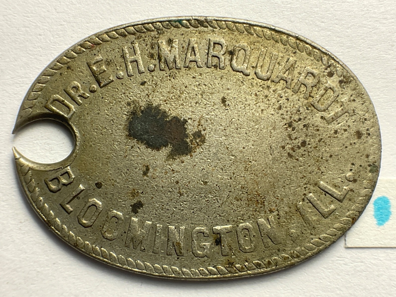 Rare Antique 1920s Dr E. H. Marquardt Bloomington, IL Dog Tax Rabies Tag Token