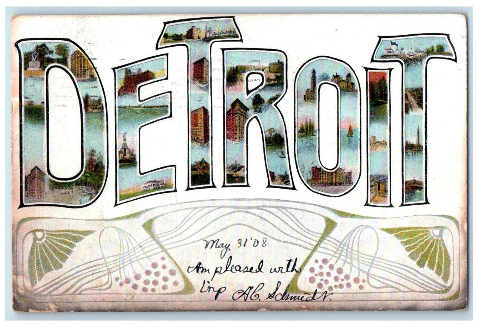 1908 Detroit Art Nouveau Michigan MI Antique Posted Large Letter Postcard