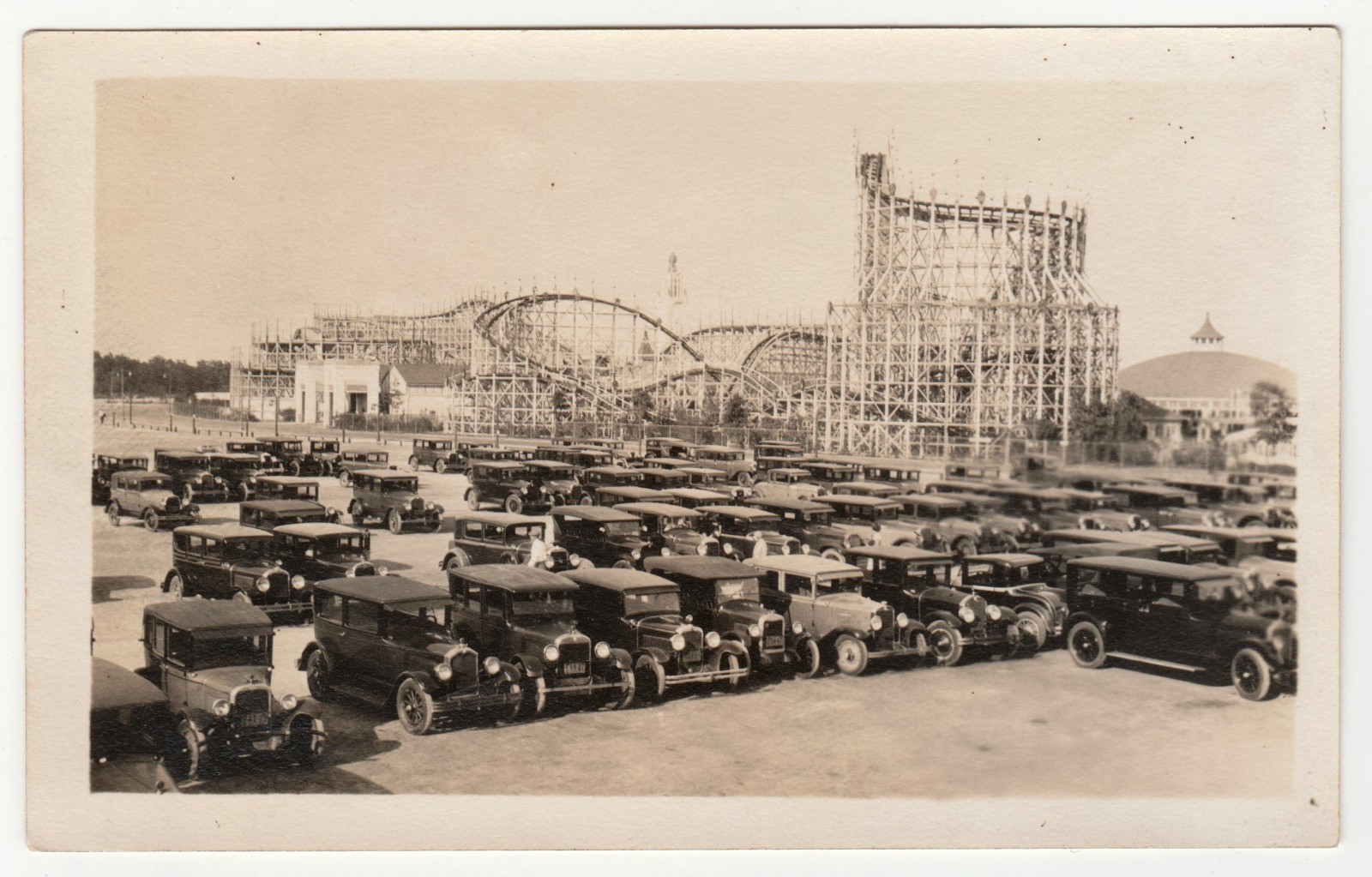 c1930 Rye Playland Airplane & Dragon Coasters Old Cars Parking Lot Photo