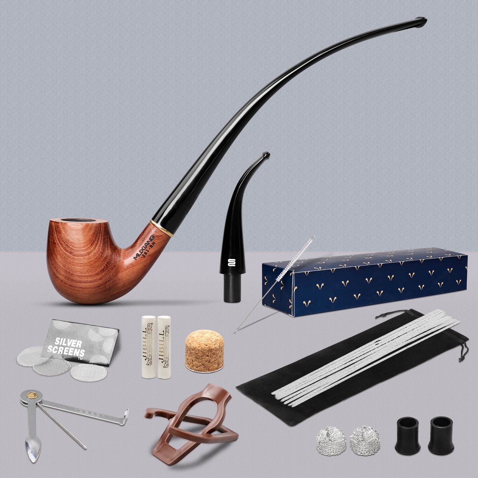 Rosewood Churchwarden Gandalf Pipe Long Stem Bent Tobacco Pipe With Accessories