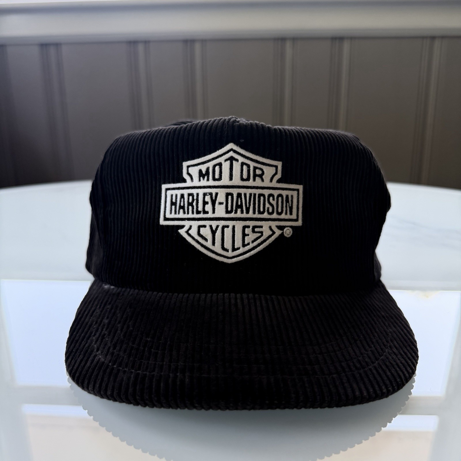 Vintage 80s 90s Harley Davidson Black Corduroy SnapBack Hat USA Rare