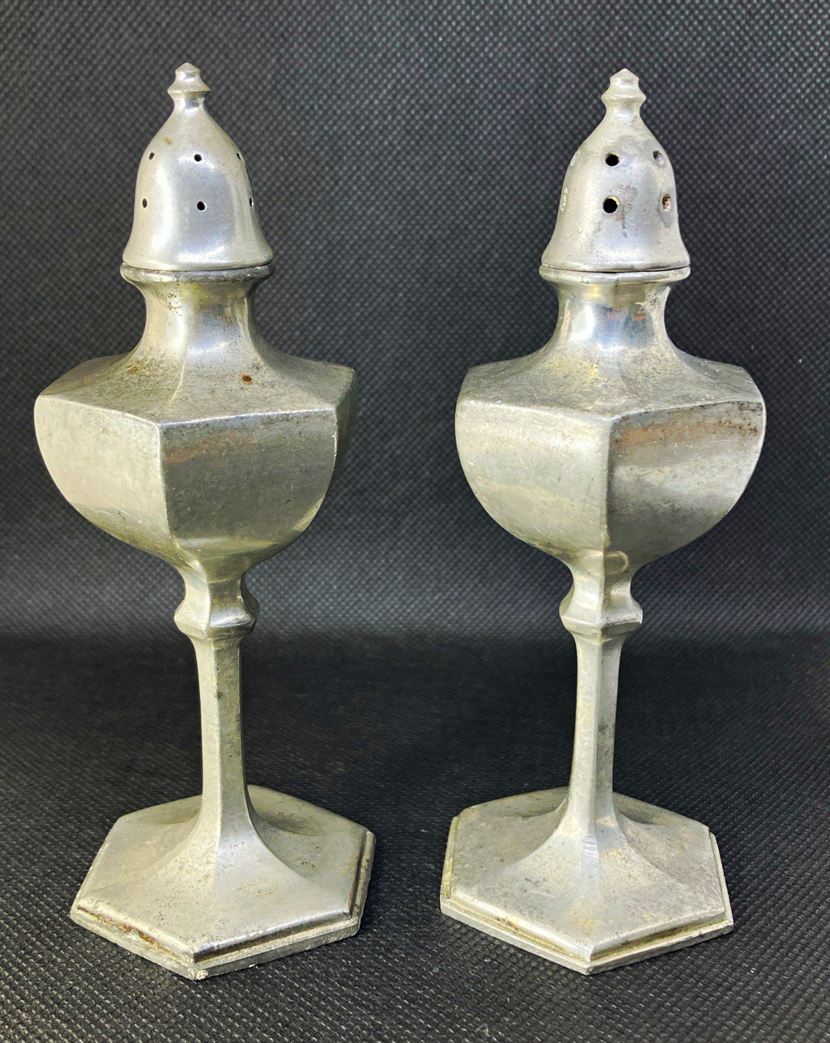 Vintage Colonial Pewter Salt Pepper Shakers 180 Hexagonal Art Deco 5.25 inch