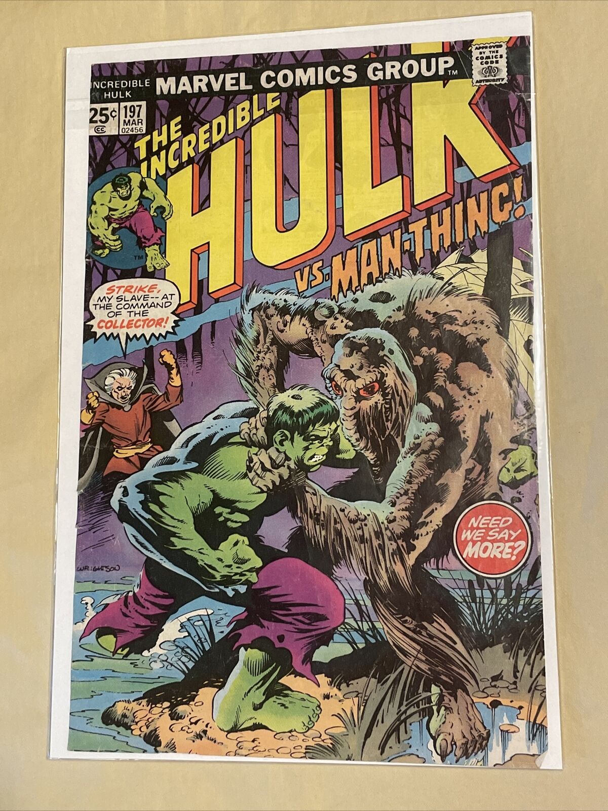 **COVER ONLY** VINTAGE COMIC MARVEL INCREDIBLE HULK #197 MAR 25¢ VS MAN-THING