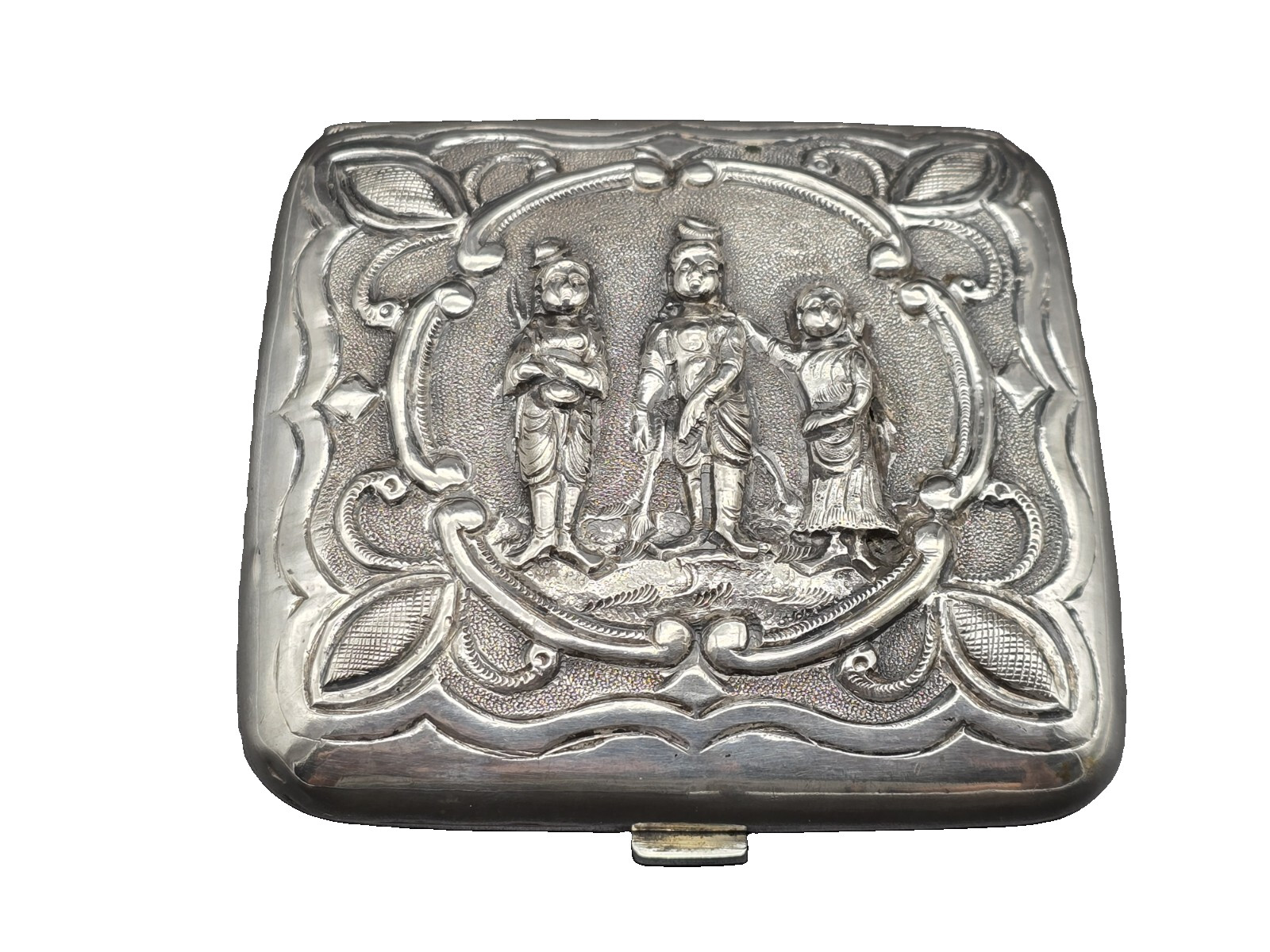 Antique Asian Export Silver Cigarette Case Gilt Interior Figural Design 149g