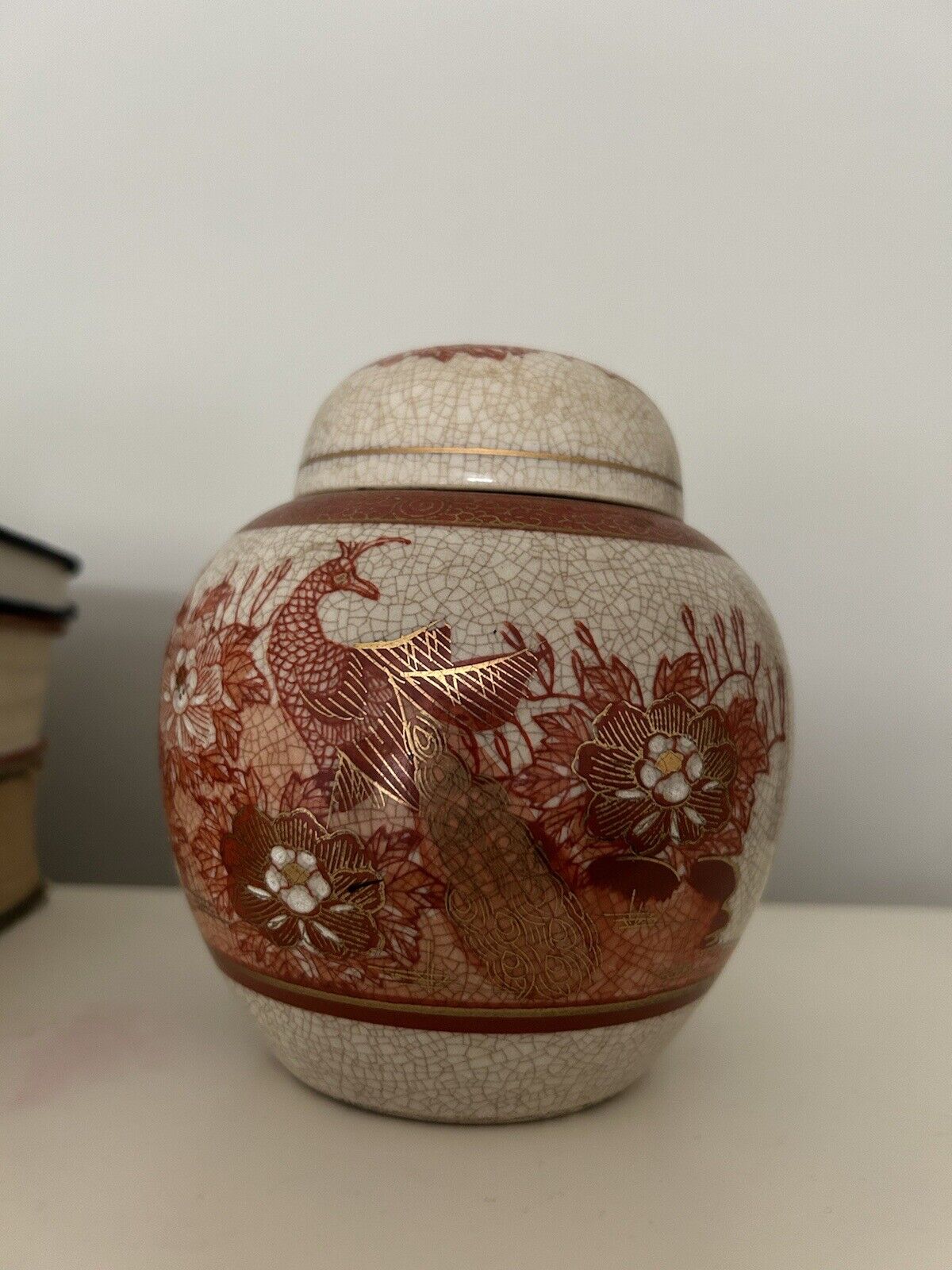 Vintage Peacock Vase Ginger Jar Crackle Glaze Sato Garden