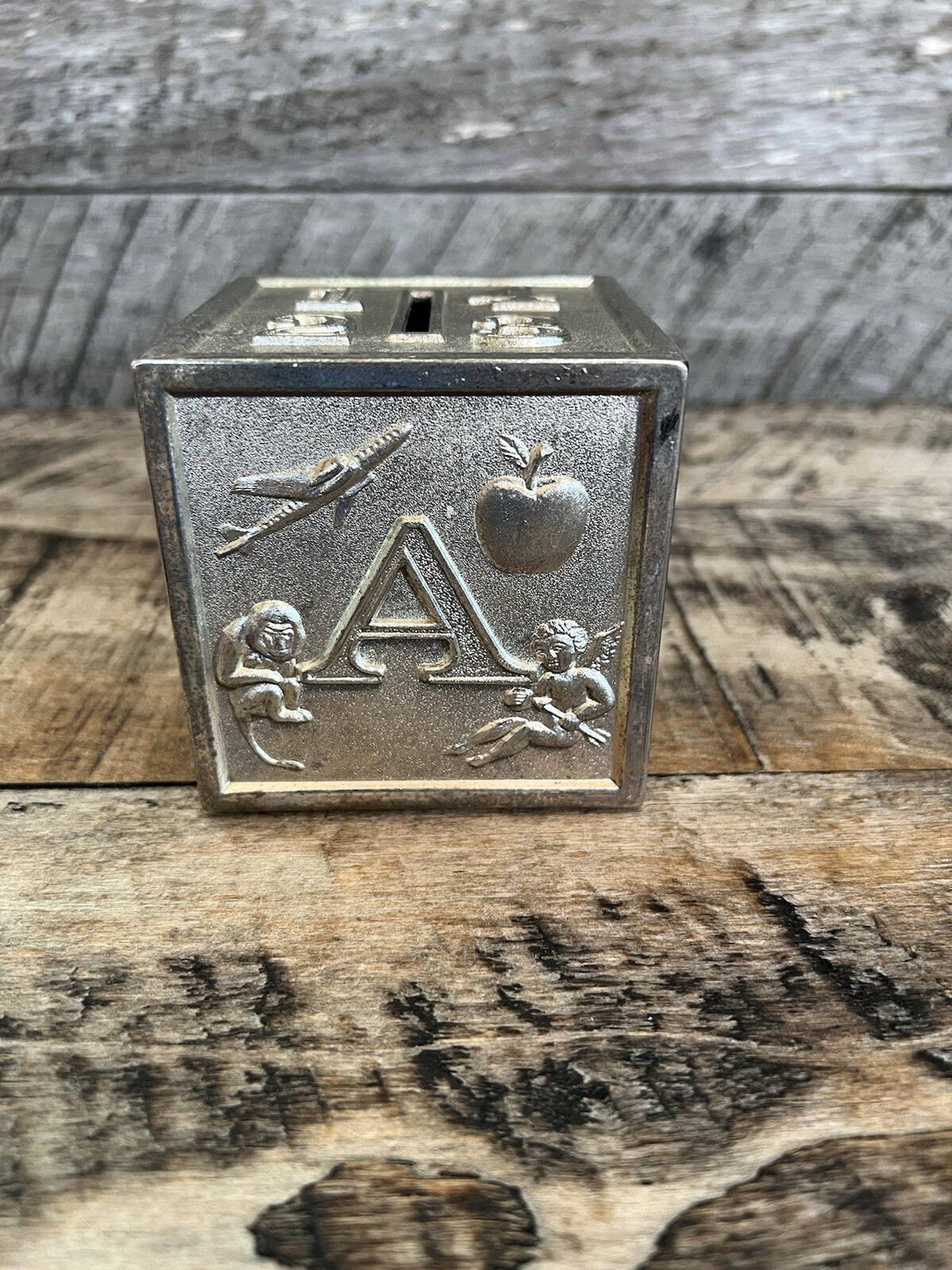 Raimond Silver Plate ABCD Childs Piggy Bank Coins Metal Japan Vintage Kids Decor